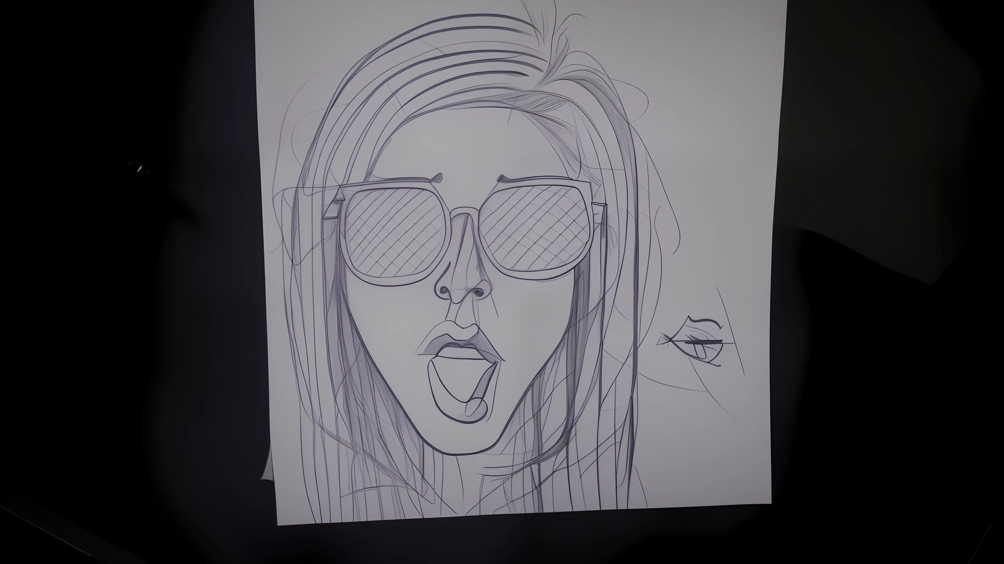 a close up of a drawing of a woman with sunglasses on, drawn on paper, badly drawn, self - portrait!!!!, cool face, a drawing, sketched, drawn projects on paper, pen on paper, portrait!!!!!!, paper sketch, shading!!!, pen sketch, quick sketch, well drawn, professional sketch, comic drawing, drawings, art sketch, caricature!!!