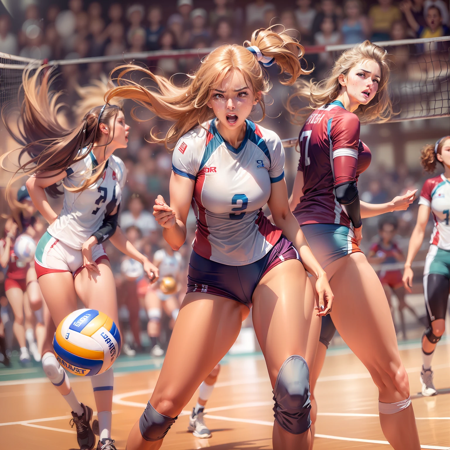 (hight resolution, Best Quality, Masterpiece:1.4), (1Woman :1.3), tall slender legs, sparkly skin, narrow hips, Teeth on the skin, big breastes, (Woman in volleyball clothes:1.3), volleyball jersey, volleyball shorts, Short shorts, Sweating Lots, (on the volleyball court:1.2), taut clothes, The expression of an angry face, Beautiful background,