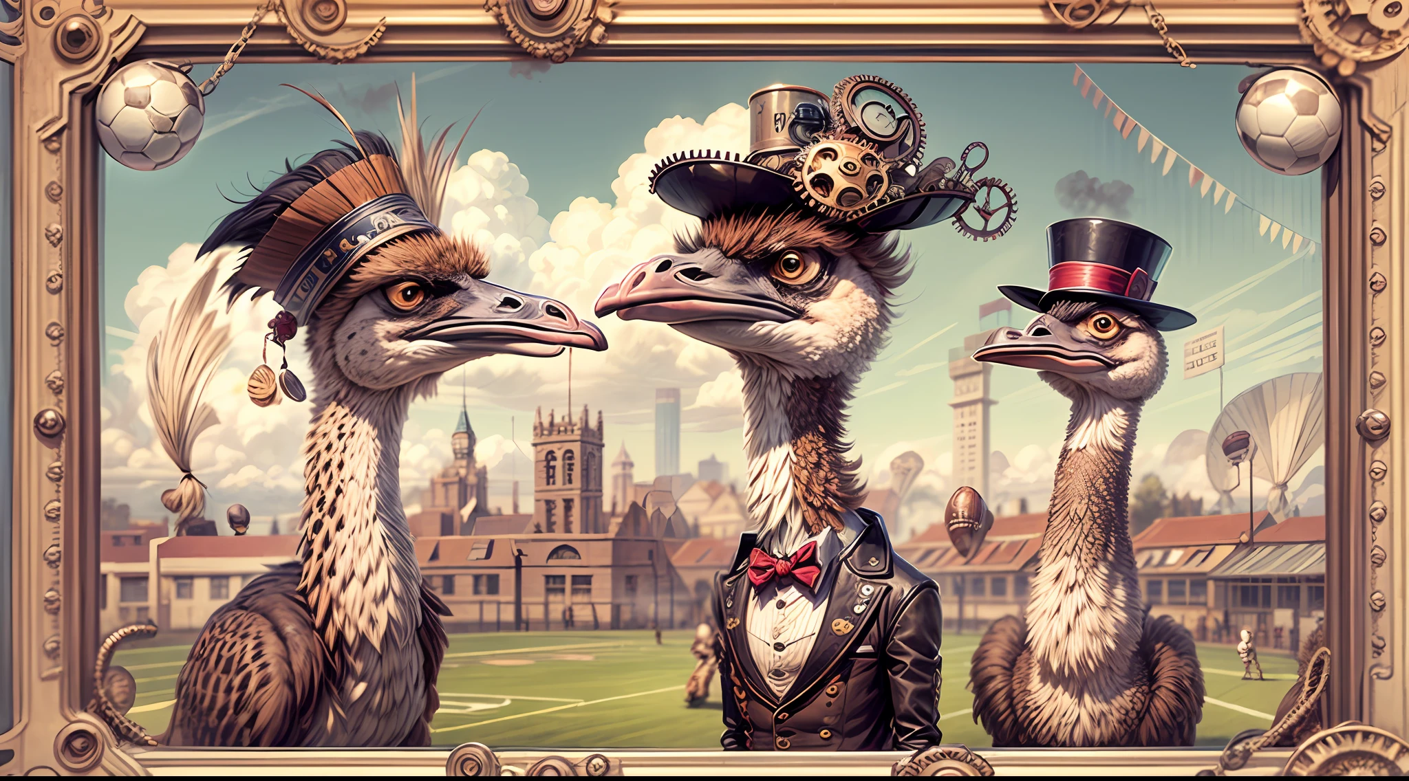 Ostriches playing a friendly football match in a whimsical steampunk-inspired city, the ostriches dressed in dapper waistcoats, bowties, and tiny top hats, the football field adorned with gears and cogs as decorations, airships floating in the sky above, capturing the charm of a civilized and quirky game, Illustration, digital art