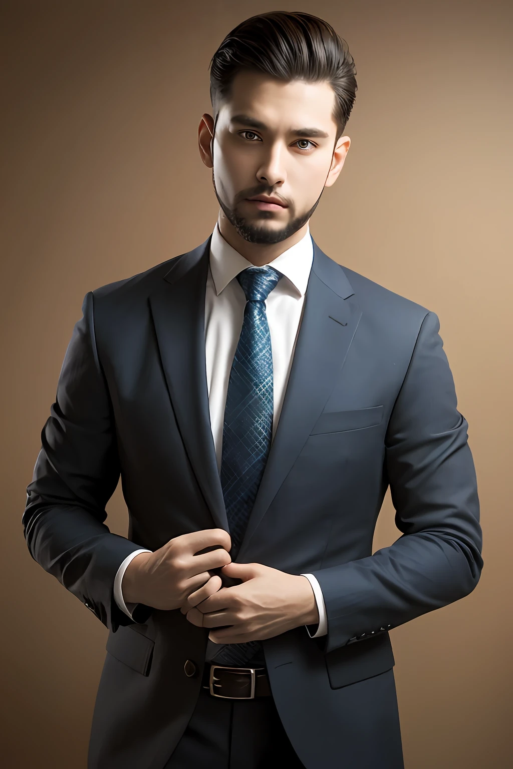 ，Suit coat， 18k, {{Masterpiece}}, Best quality, High quality:1.4), simplebackground，brown background，，{{[[front look}}, Photo pose)]], very pretty look face, And very nice red eyes, 1人, Solo, Portrait of Habibnul Magomedov in a suit and tie, Beard, Serious, Details, Realistic, Photography, The background is blurred out, soft focus