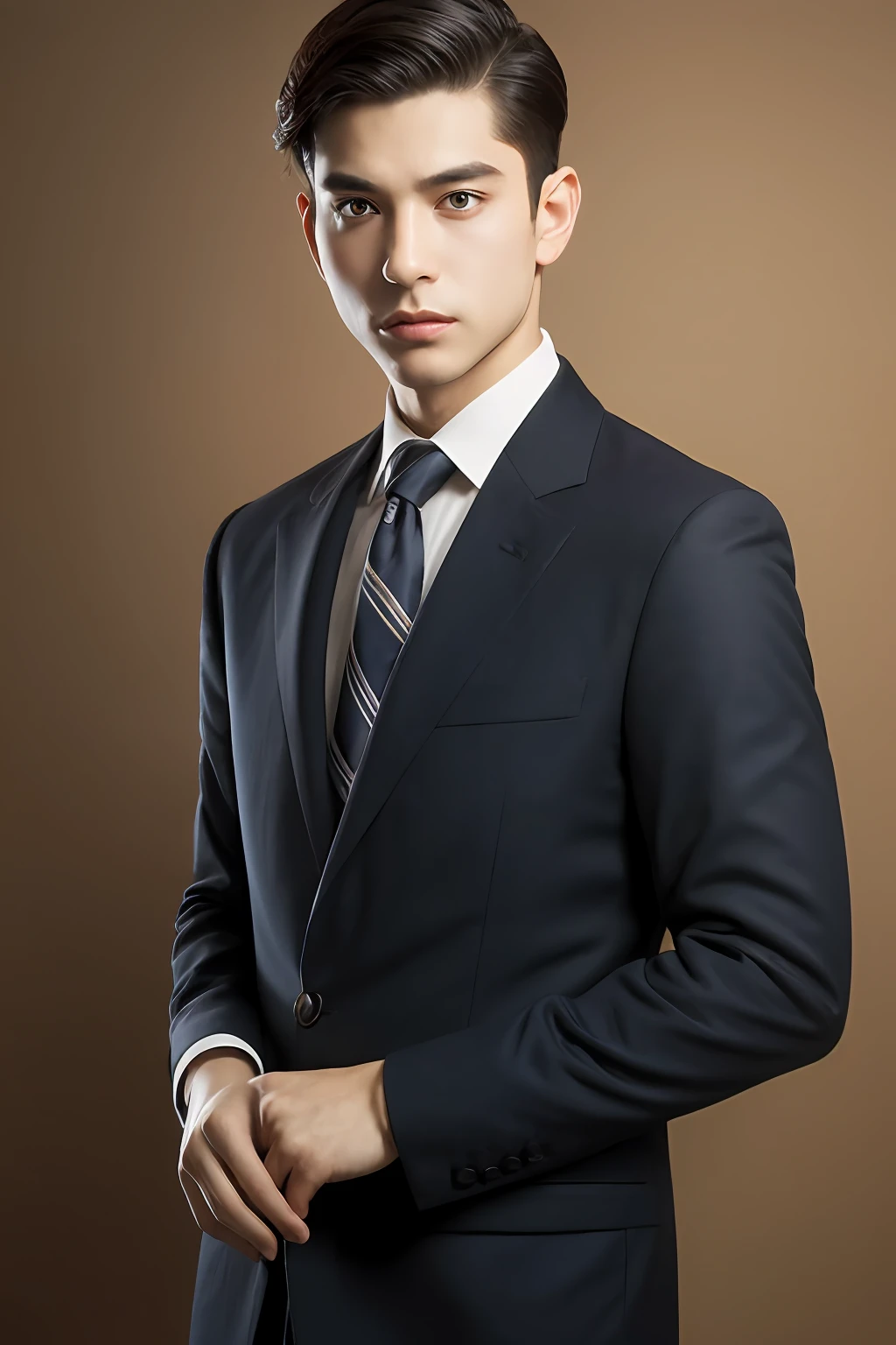 ，Suit coat， 18k, {{Masterpiece}}, Best quality, High quality:1.4), simplebackground，brown background，，{{[[front look}}, Photo pose)]], very pretty look face, And very nice red eyes, 1人, Solo, Portrait of Habibnul Magomedov in a suit and tie, Beard, Serious, Details, Realistic, Photography, The background is blurred out, soft focus