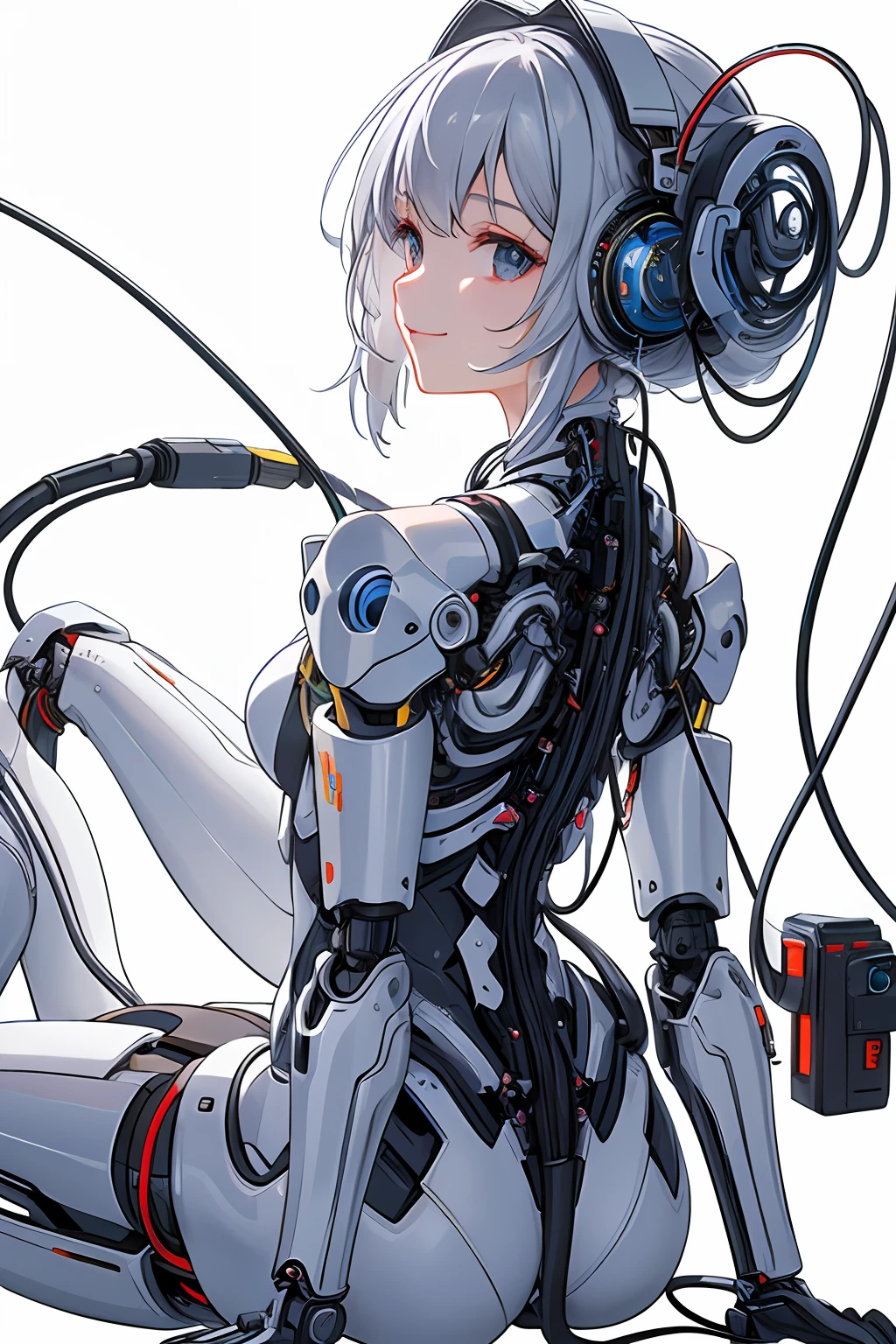 (White background)、(((​masterpiece)))、(((top-quality)))、((ultra-definition))、(High Definition CG Illustration)、((extremely delicate and beautiful))、(From Side)、Cinematic Light、 ((1 Mechanical Girl))、独奏、full body Esbian、(Mechanical joint:1.2)、((Mechanical limbs))、(Cable connected to tube)、(Back-mounted mechanical spine)、((Neck-mounted mechanical cervical spine) ))、(sitting on)、(Happy smile)、(Wires and cables attached to the neck:1.2)、(Head wires and cables:1.2)(charactor focus)、scientific fiction、A highly detailed、colourfull、The most detailed