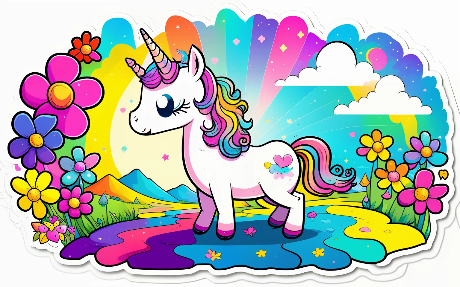 Arte vectorial de un lindo y feliz unicornio kawaii solitario rodeado de donas y flores, retraro fantastico, Destellos, colorido, warm, chozas de hadas, libro para colorear, for children, minimal, 1 sticker