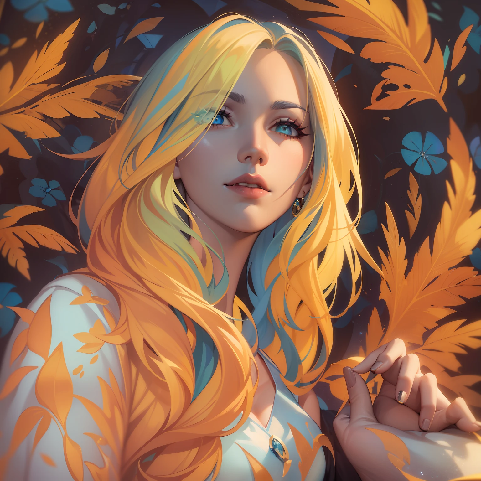 There is a woman with cobalt black and blue hair and yellow hair, olhos violeta, arte do personagem charlie bowater, Estilo de arte, retrato de Jinx de Arcane, Charlie Bowater Cores Profundas Ricas, Estilo Charlie Bowater, retrato, pintado sem estilo