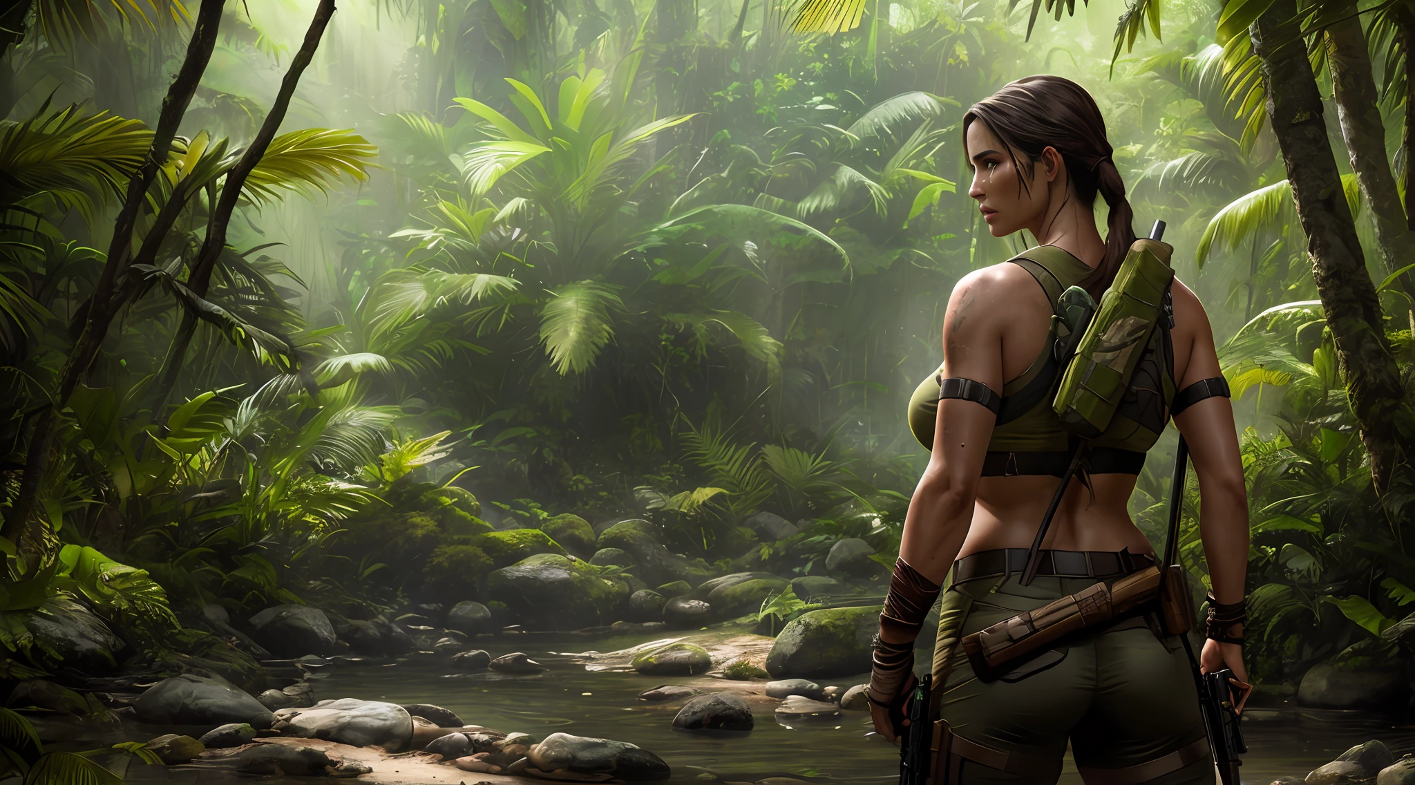 "A stunning and immersive cinematic capture featuring Lara Croft amidst a lush jungle, rendered in octane with impeccable quality and attention to detail, accentuated by the mesmerizing reflection of sunlight."