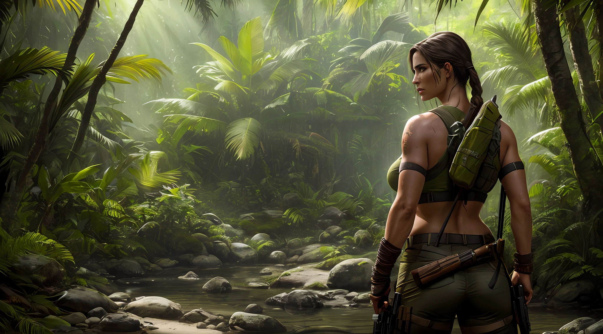 "A stunning and immersive cinematic capture featuring Lara Croft amidst a lush jungle, rendered in octane with impeccable quality and attention to detail, accentuated by the mesmerizing reflection of sunlight."