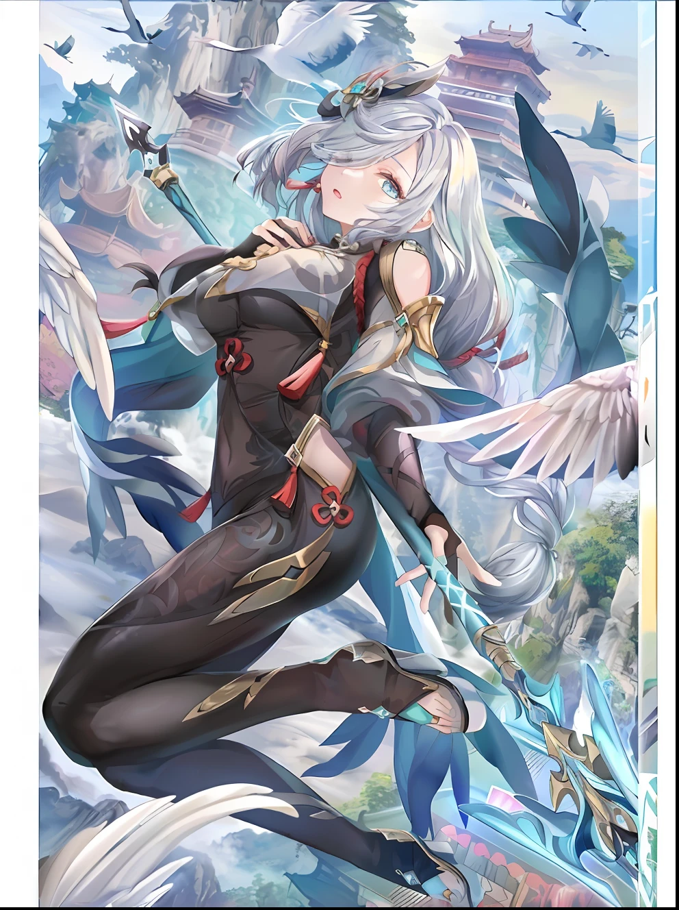 One in a black dress,White-haired woman holding a sword, Detailed key anime art, Extremely detailed Artgerm, Keqing from Genshin Impact, white-haired god, full art, Detailed anime artwork, Anime fantasy artwork, by Yang J, Anime fantasy illustration, artbook artwork, Ayaka Genshin impact, high detailed official artwork