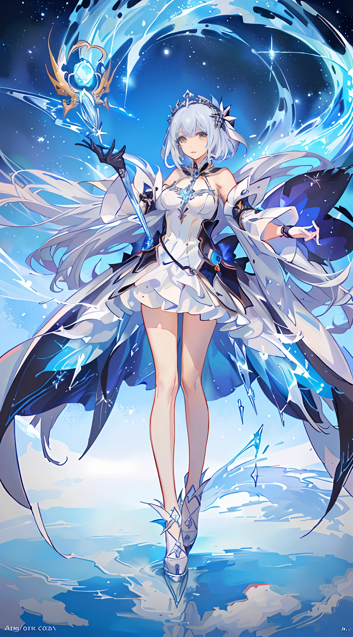 Anime girl standing on platform with staff and white dress,yellow long hair, Anime goddess, Goddess of Light, ice sorceress, Beautiful celestial mage, ethereal anime, beautiful fantasy anime, high detailed official artwork, Anime fantasy illustration, the fire queen, ((a beautiful fantasy empress)), trending on artstation pixiv, Goddess. Extremely high detail