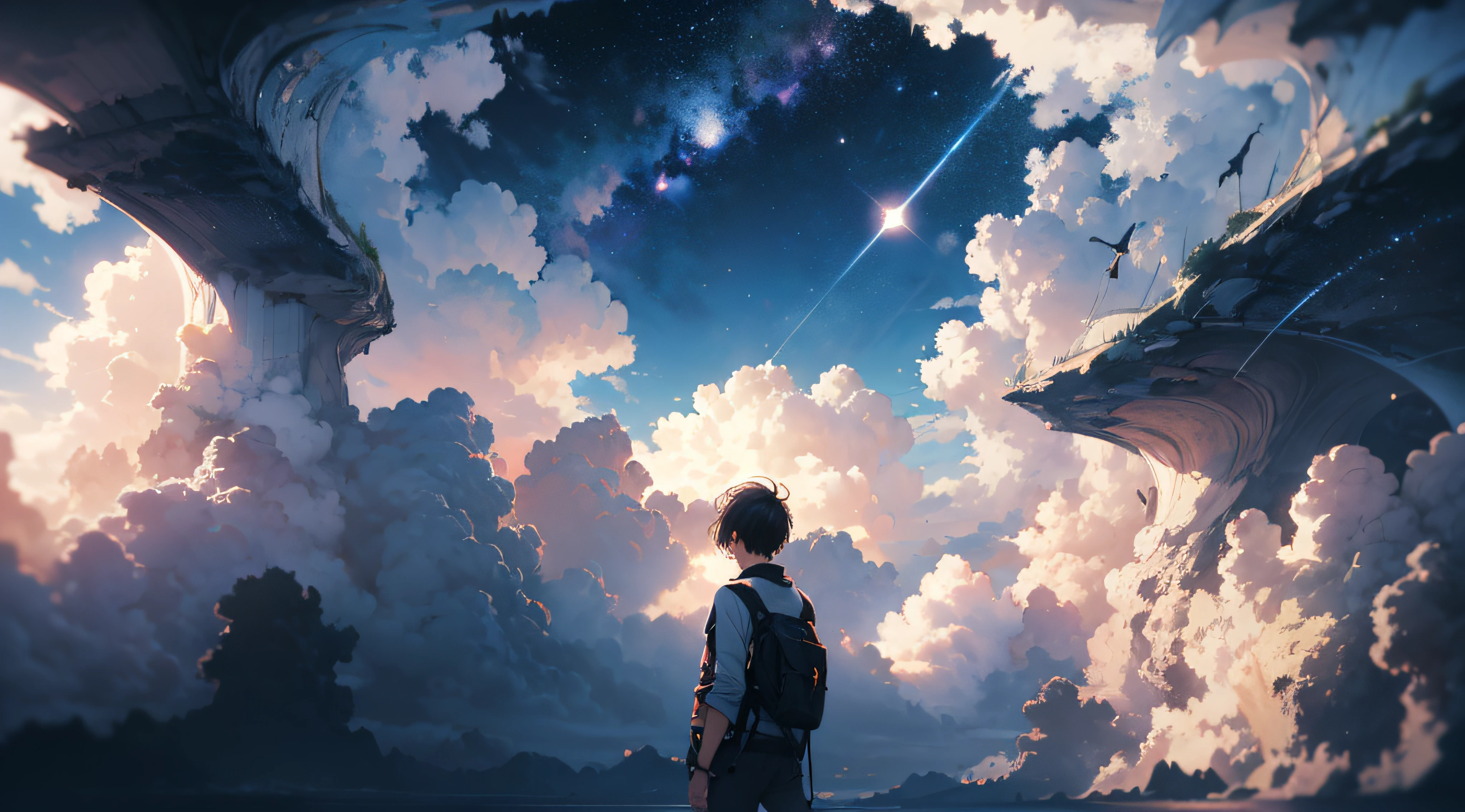 Ridiculous resolution, A high resolution, (Masterpiece:1.4), ultra - detailed, 1boy, looking from above, the space, afloat, ,depth of fields,maximum definition and sharpness,perfectly proportions,Fluttering clouds,Wallpapers,8K,dream magical, --v 6