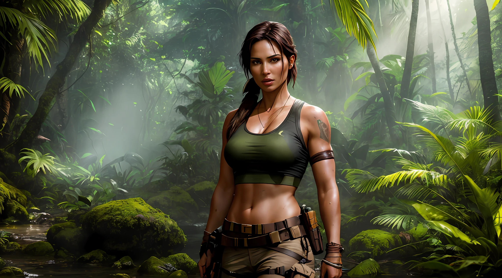 "A captivating cinematic photo featuring Lara Croft in a lush jungle, rendered with Octane, showcasing exceptional quality, with stunning sun reflections and realistic details."