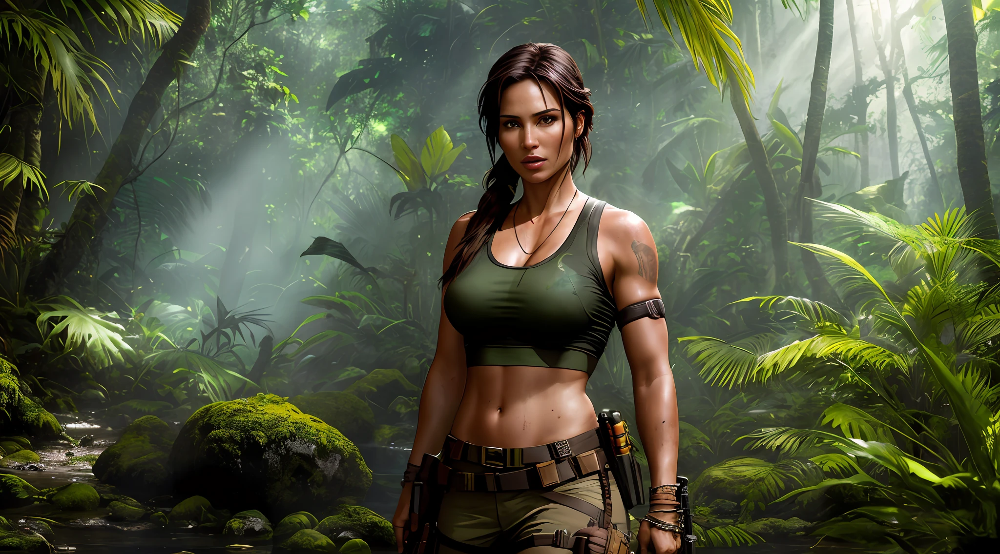 "A captivating cinematic photo featuring Lara Croft in a lush jungle, rendered with Octane, showcasing exceptional quality, with stunning sun reflections and realistic details."