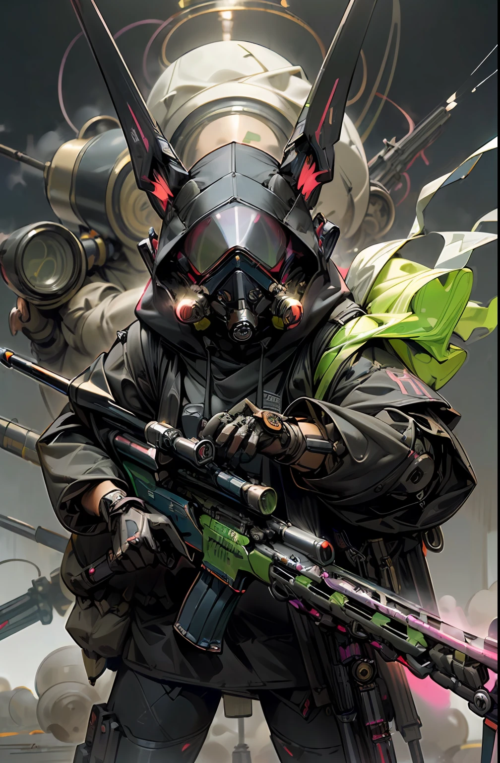 (muzzle:1.5)、(fumo:1.2)、full Helmet、(gas masks:1.3)、(Explosive effect:1.8)、(Neon Paint:1.4)、(Attack:1.2)、(1 sniper rifle:1.5)、(Wearing a hood:1.2)、(Falling cartridge case:1.5)、colourfull、cyberpunked、(独奏:1.5)、Mechanical Marvel、droid、(((masterpiece、top-quality、Beautiful、ultra-detailliert)))