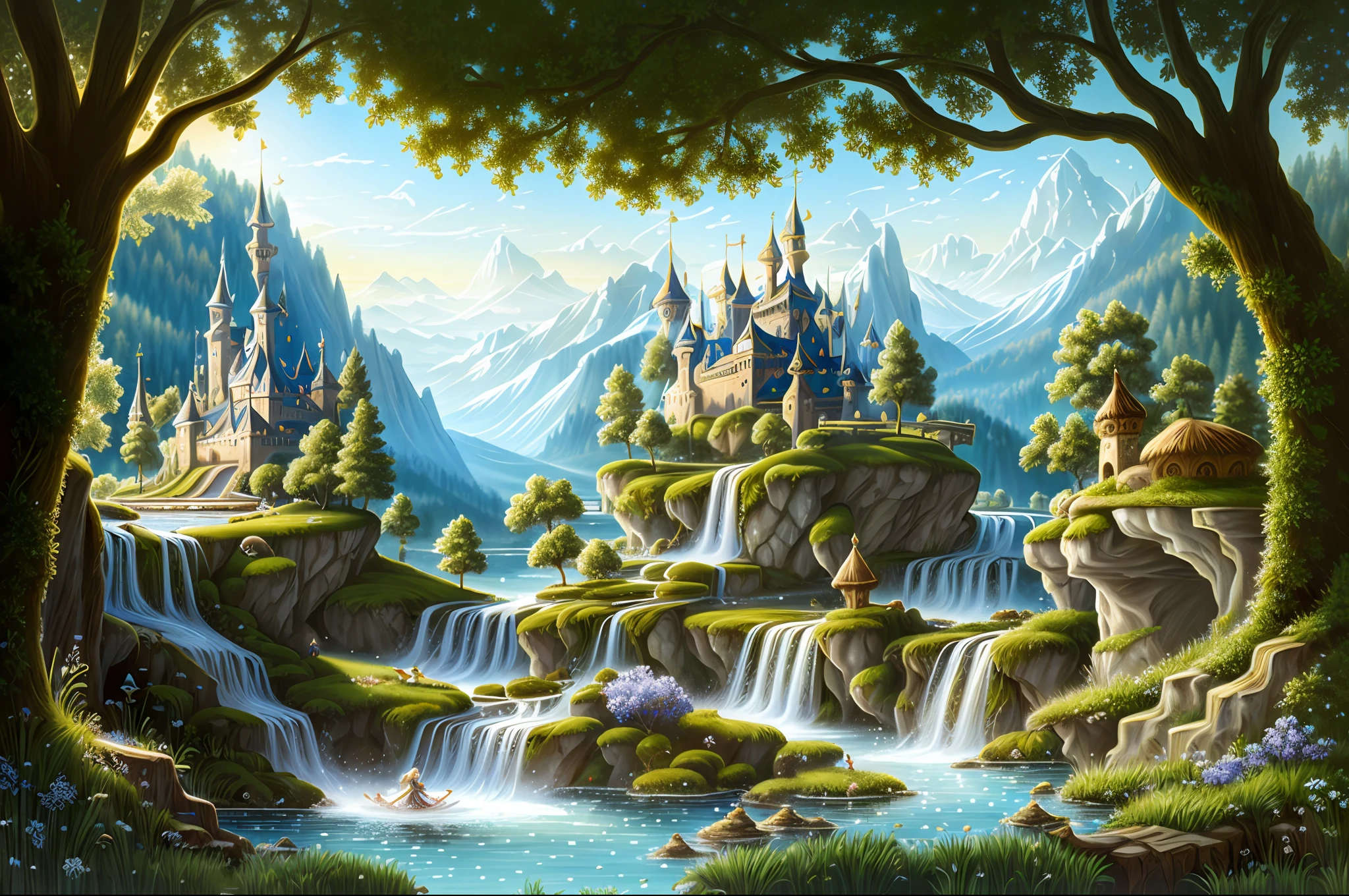 (fairy tale world), castles, floating island waterfalls, all kinds of magical creatures. Beautiful fairies, knights, elves, dwarfs. Mysterious forests, enchanted castles, fabulous kingdoms. Realism, chiaroscuro, cinematic lighting, 135mm, panorama, best quality, high details, UHD, masterpiece