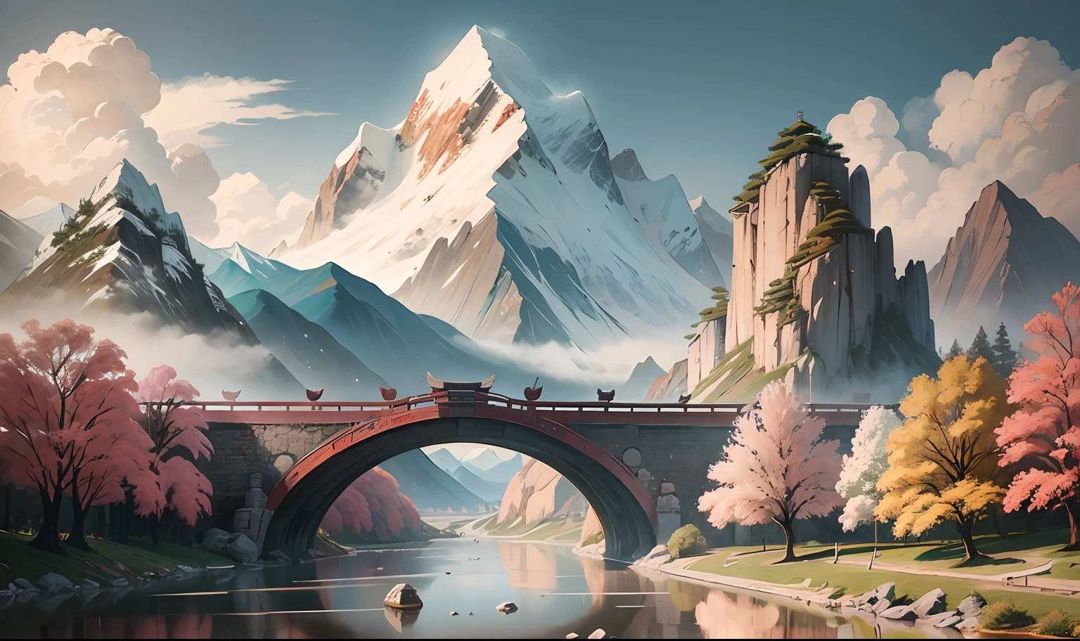 Ancient Chinese scenery, mountains, rivers, auspicious clouds, sunshine, white background, masterpiece, super detail, epic composition, Ultra HD, high quality, extremely detailed, official art, unified 8k wallpaper, Super detail, 32k -- v 6