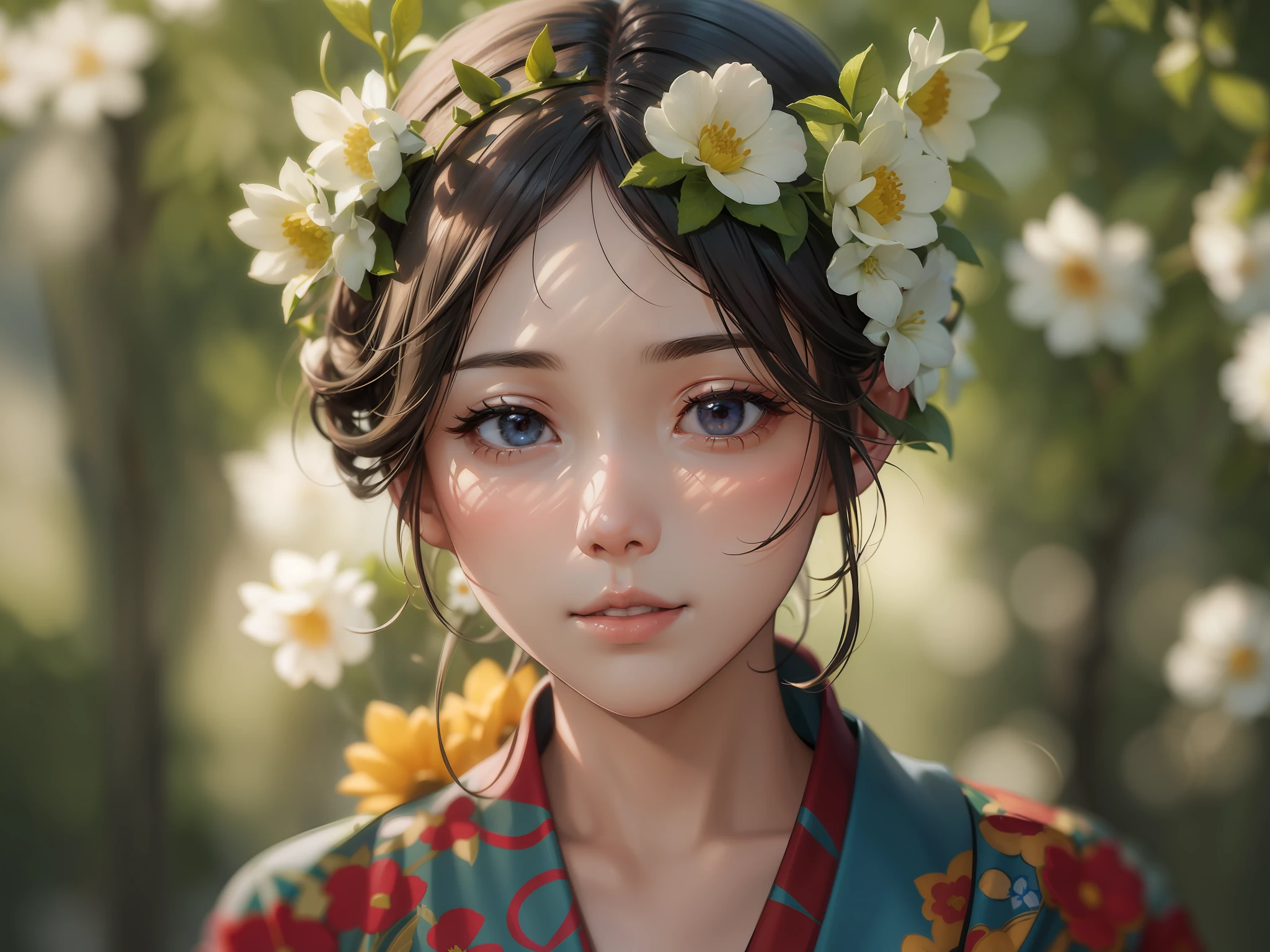 A woman with flowers in her hair poses for a photo, Soft portrait shot 8 K, Detailed face of Chinese girl, 8K highly detailed face, High quality photos,真实感, Shot with the Canon 5 D MK4I, cinematic full shot,tmasterpiece,tmasterpiece,Works of masters