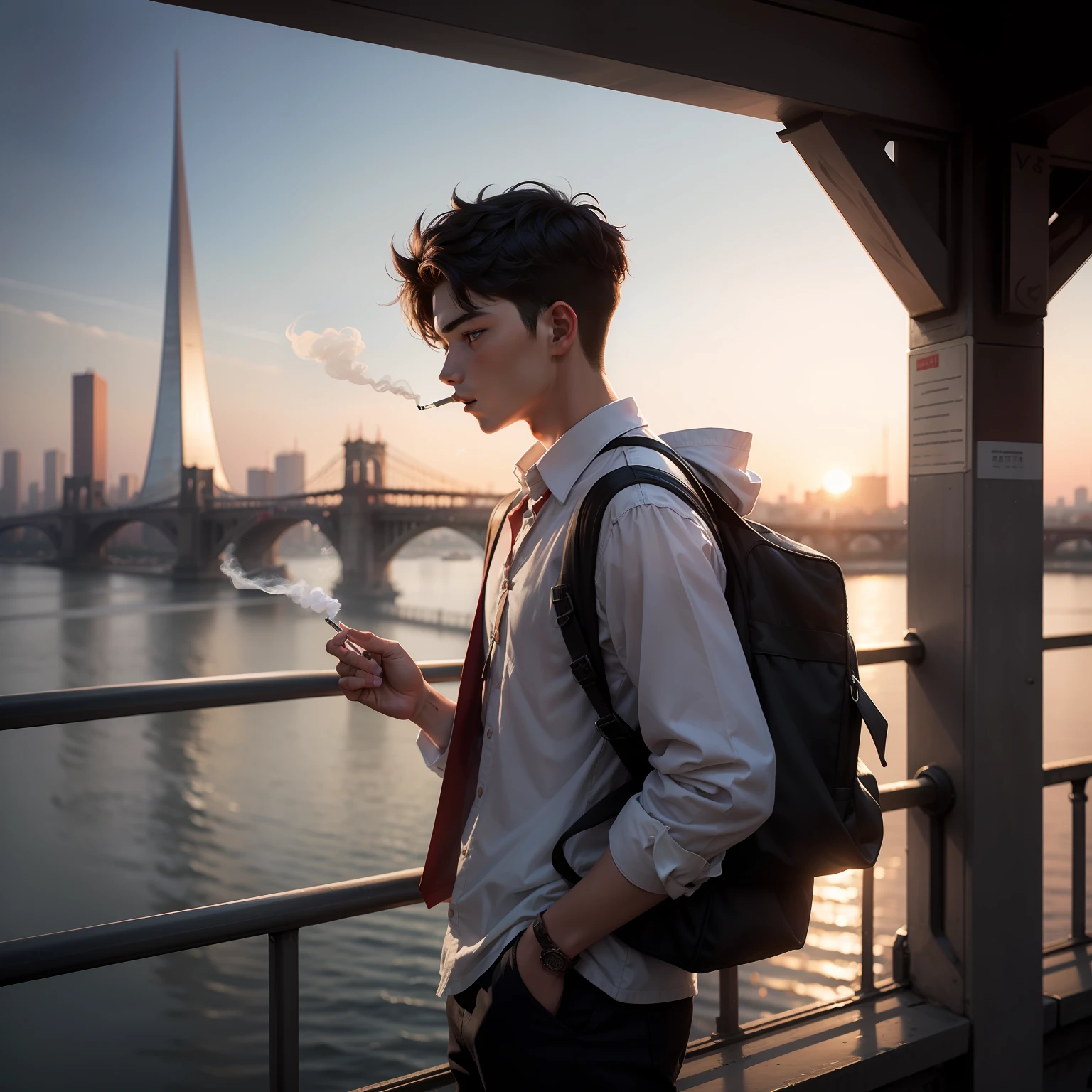 An 18-year-old man smoking on the bridge looked out at the bustling crowd below,Saw the beloved girl