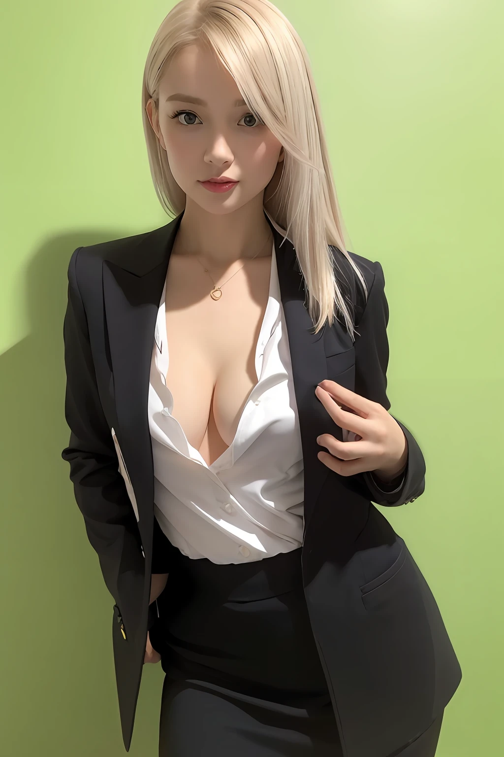 Business suit，A woman of beauty in a fantastic space, Black blazer，Tight microdress white, 18k, {{Masterpiece}}, Best quality, High quality:1.4), simplebackground，Green background，，{{[[front look}}, Photo pose)]], very pretty look face, And very nice blue eyes, cute images, cute images, {{Expose the lateral breasts}},, {{{{slim sexy body}}}}, {{{{{{Tall woman}}}}}}, {{177 cm tall}}, 独奏, upper legs, Lovely, Adorable, Pale skin, {{18to 22 years old German girl}}, Looks beautiful German girl with blue eyes with platinum blonde hair color), Nordic German young girl, {{{{{{{{{{cleavage}}}}}}}}}},