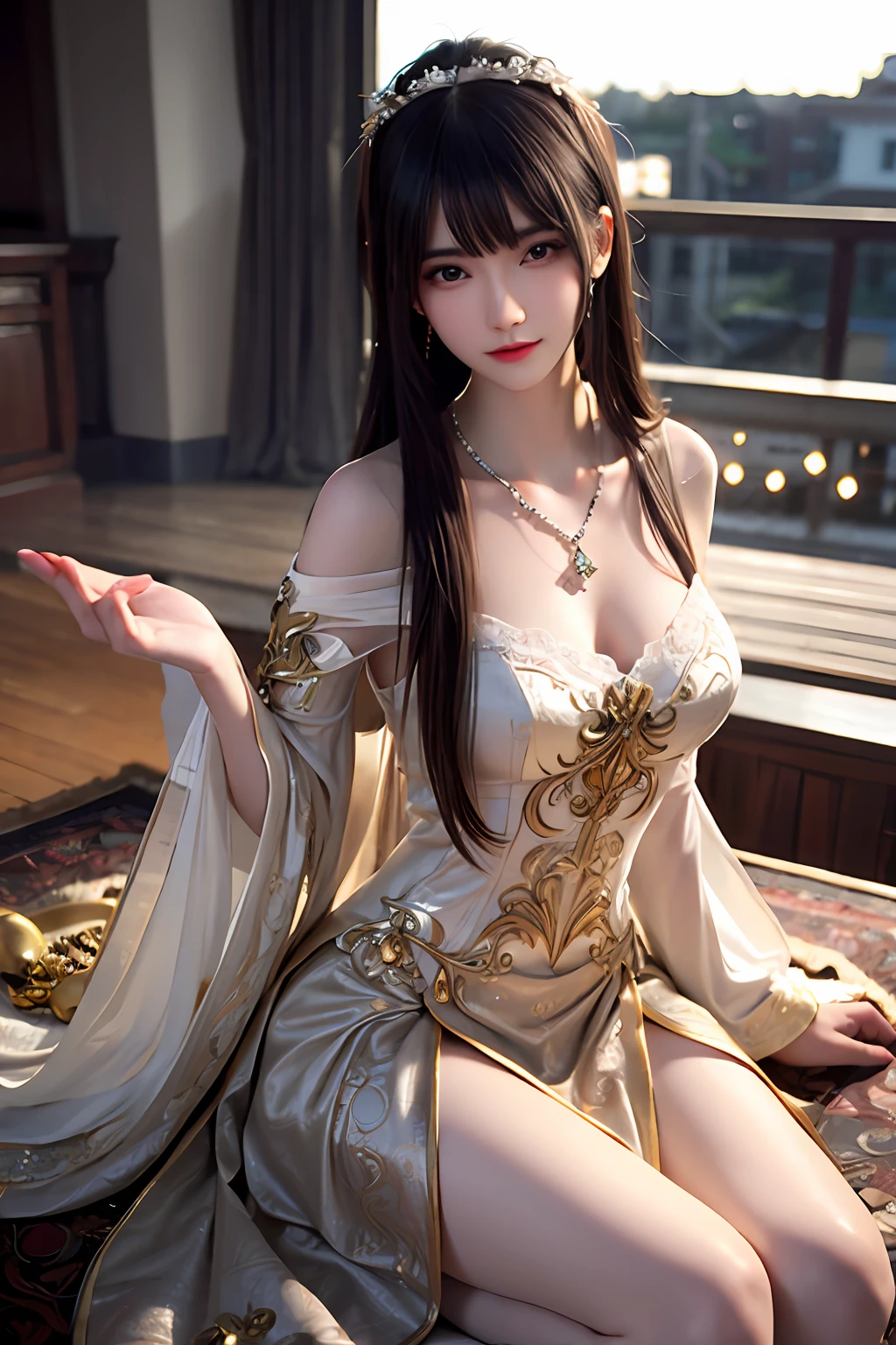 Best quality, Masterpiece, A high resolution, 1girll,china dress,hair adornments,necklace, jewelry,Beautiful face,after sexing_Body, Tyndall effect,Photorealistic, Dark Studio, rim lit, twotonelighting,(highdetailskin:1.2), 8K  UHD, Digital SLR, Soft lighting, High quality, voluminetric lighting, candid, photographed, high resolution, 4K, 8K, Bokeh,  .Jinstyle,  Building