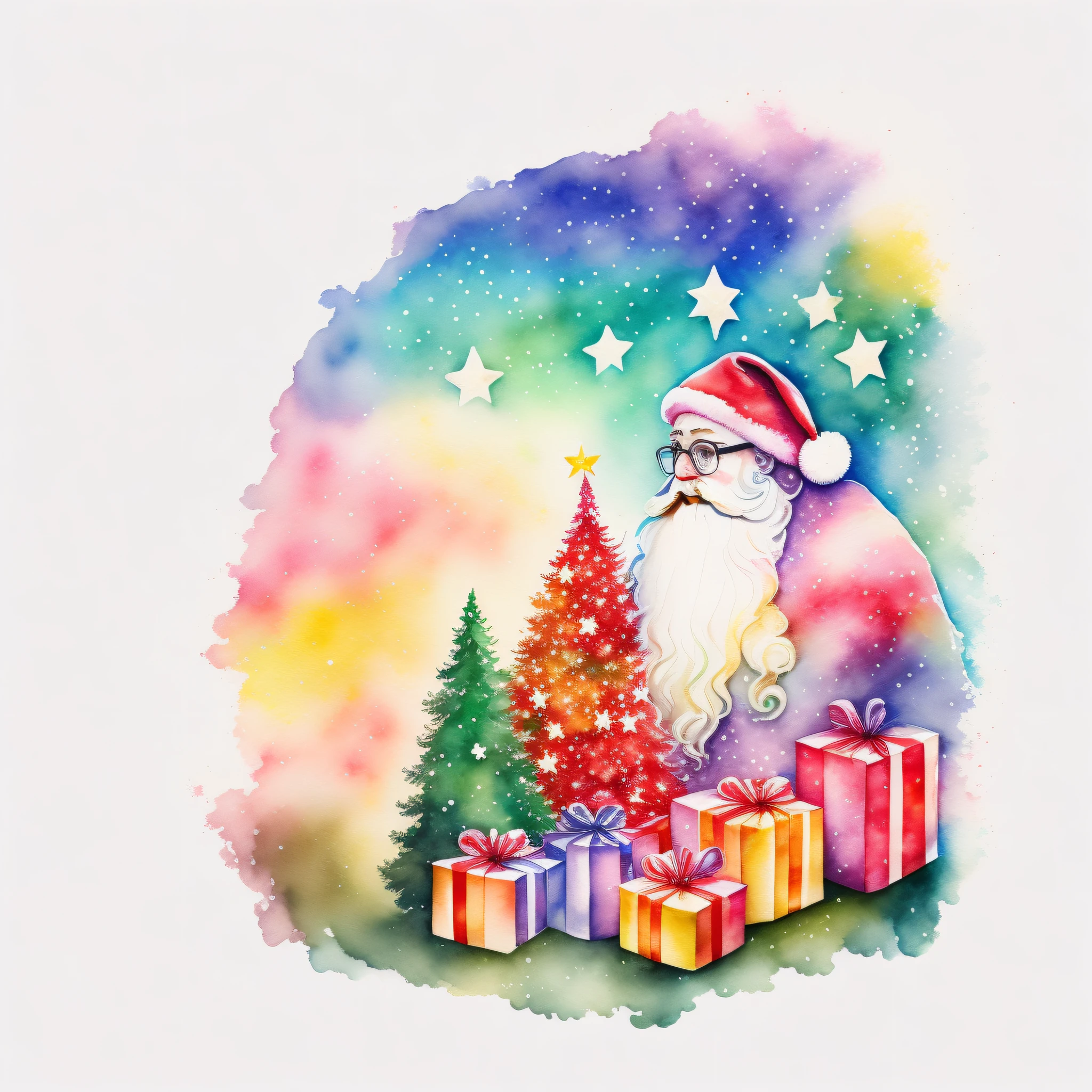 watercolor paiting、santa claus、Christmas tree with stars with lots of gifts、Christmas、rzminjourney、vector-art、white backgrounid、central、shuicolor Red and pink, Yellow and orange、verdant、springtime、Beautiful fece、Beautiful、Attracted by the wind、