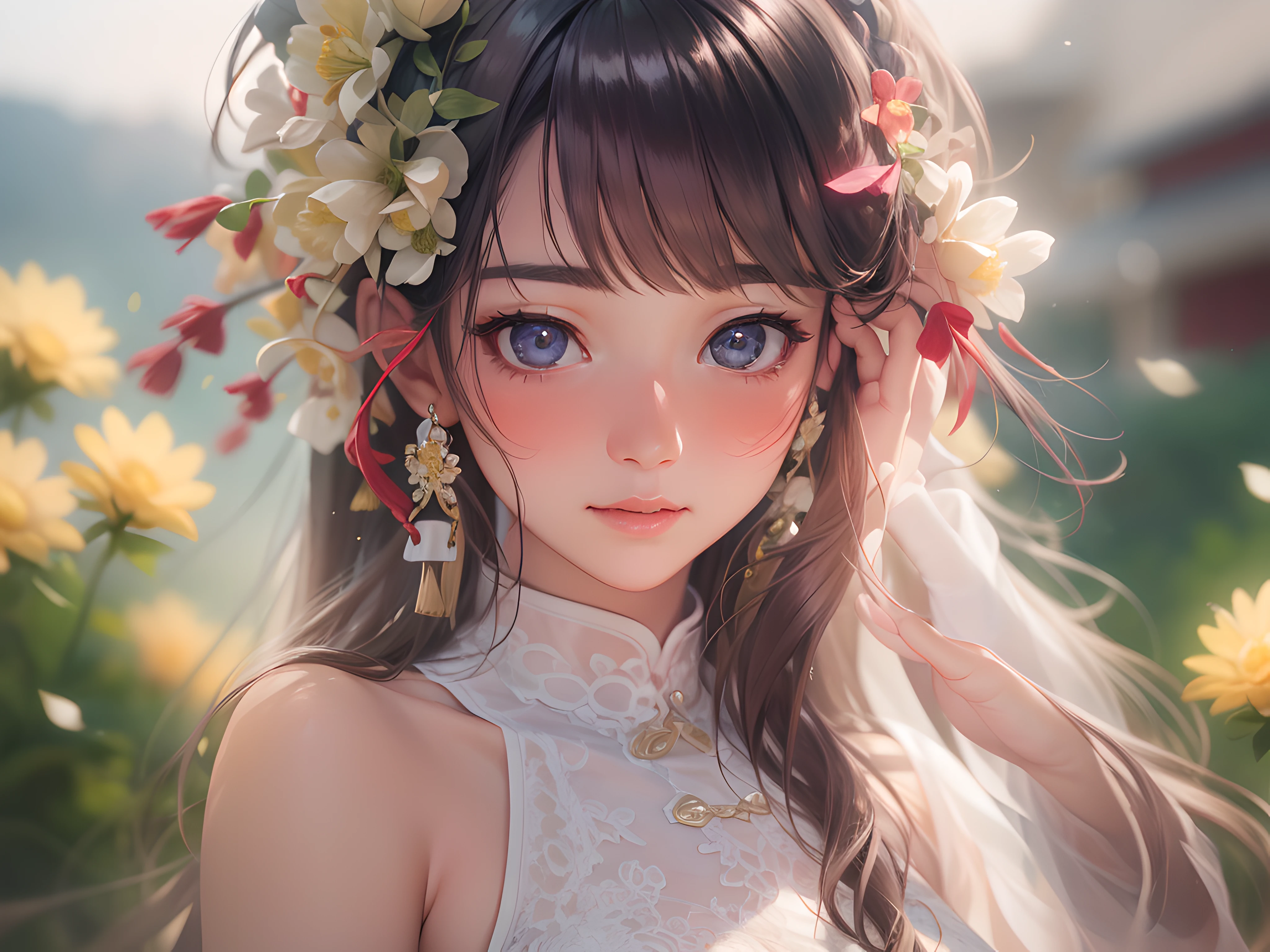 A woman with flowers in her hair poses for a photo, Soft portrait shot 8 K, Detailed face of Chinese girl, 8K highly detailed face, High quality photos,真实感, Shot with the Canon 5 D MK4I, cinematic full shot,tmasterpiece,tmasterpiece,Works of masters