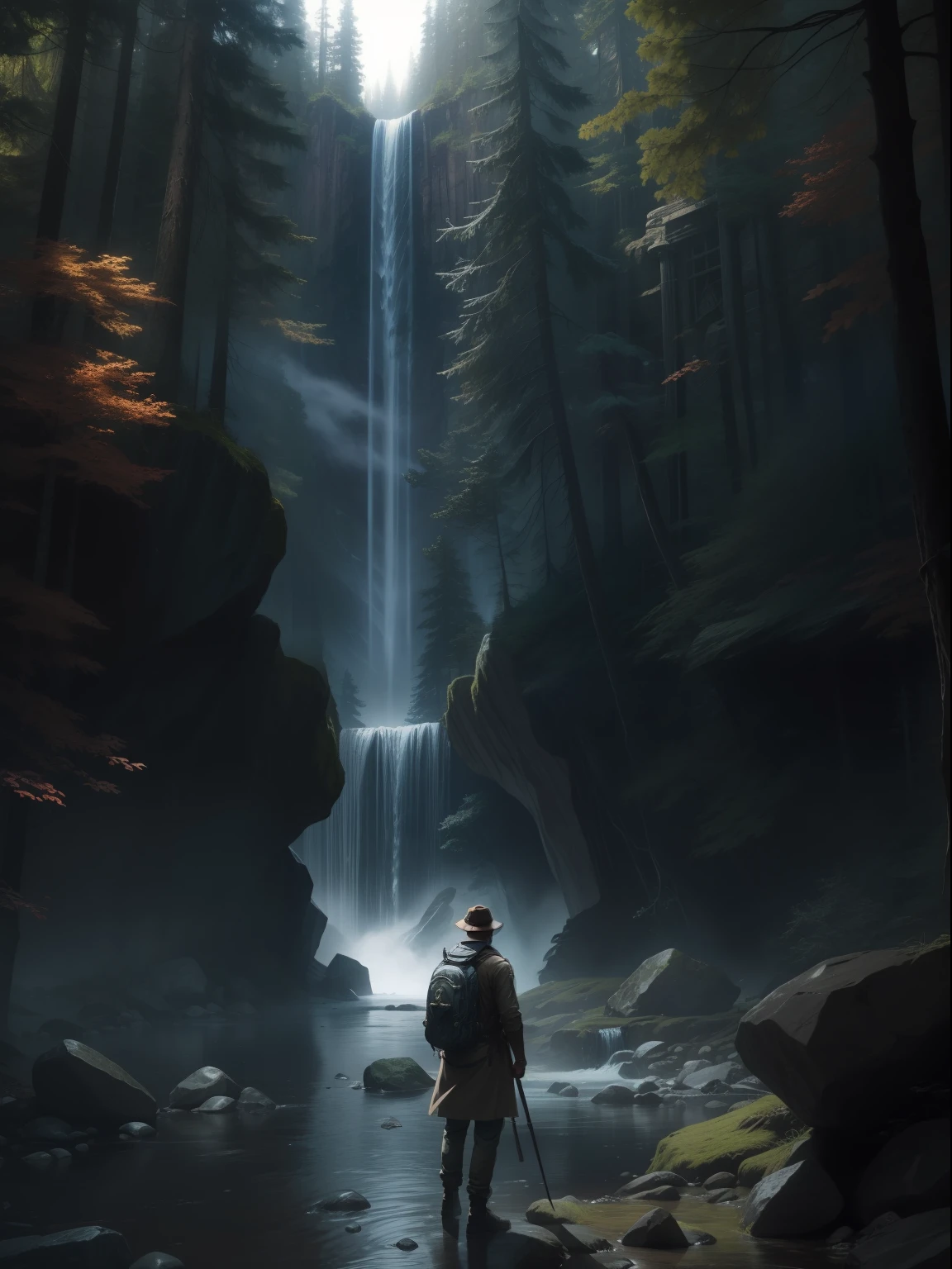 A cinematic photorealistic color digital painting of an explorer in front of an ancient astral being stone carving at the mystical GeoSite near a towering waterfall surrounded by scenic woods, eerie trees, detailed face, insanely detailed and intricate, crisp sharp and clear, volumetric lighting, ultra-high resolution, masterpiece hyper realistic artwork of Don Lawrence, insanely detailed and intricate, centered, cinematic anime style