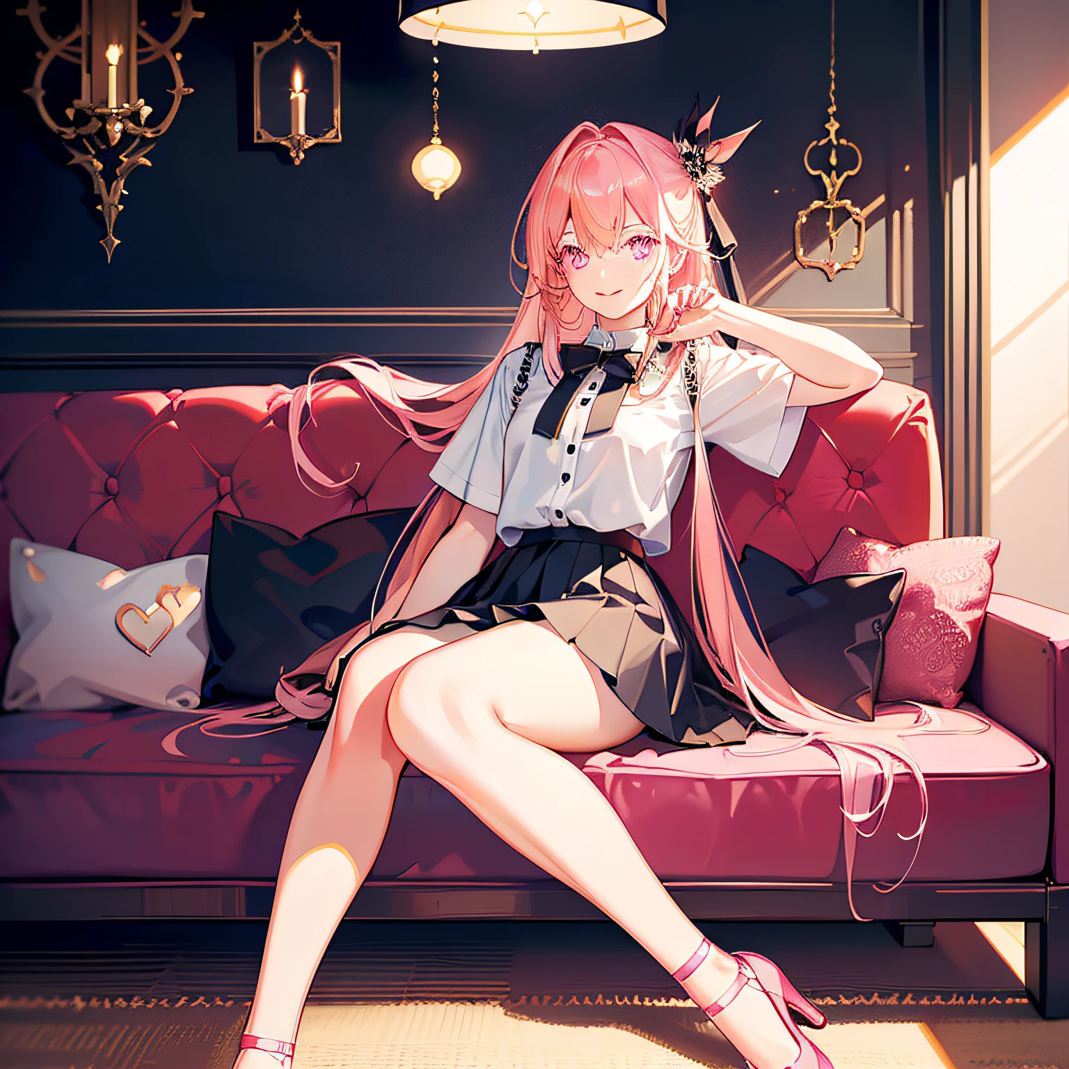 (tmasterpiece,best qualtiy:1.2),(looking at viewert),Happy face,dual horsetail,Superskirt,Pink theme,sitting in the couch,inside in room,rays of sunshine,with pink hair,a pink eyes,thick thight,sexy for
