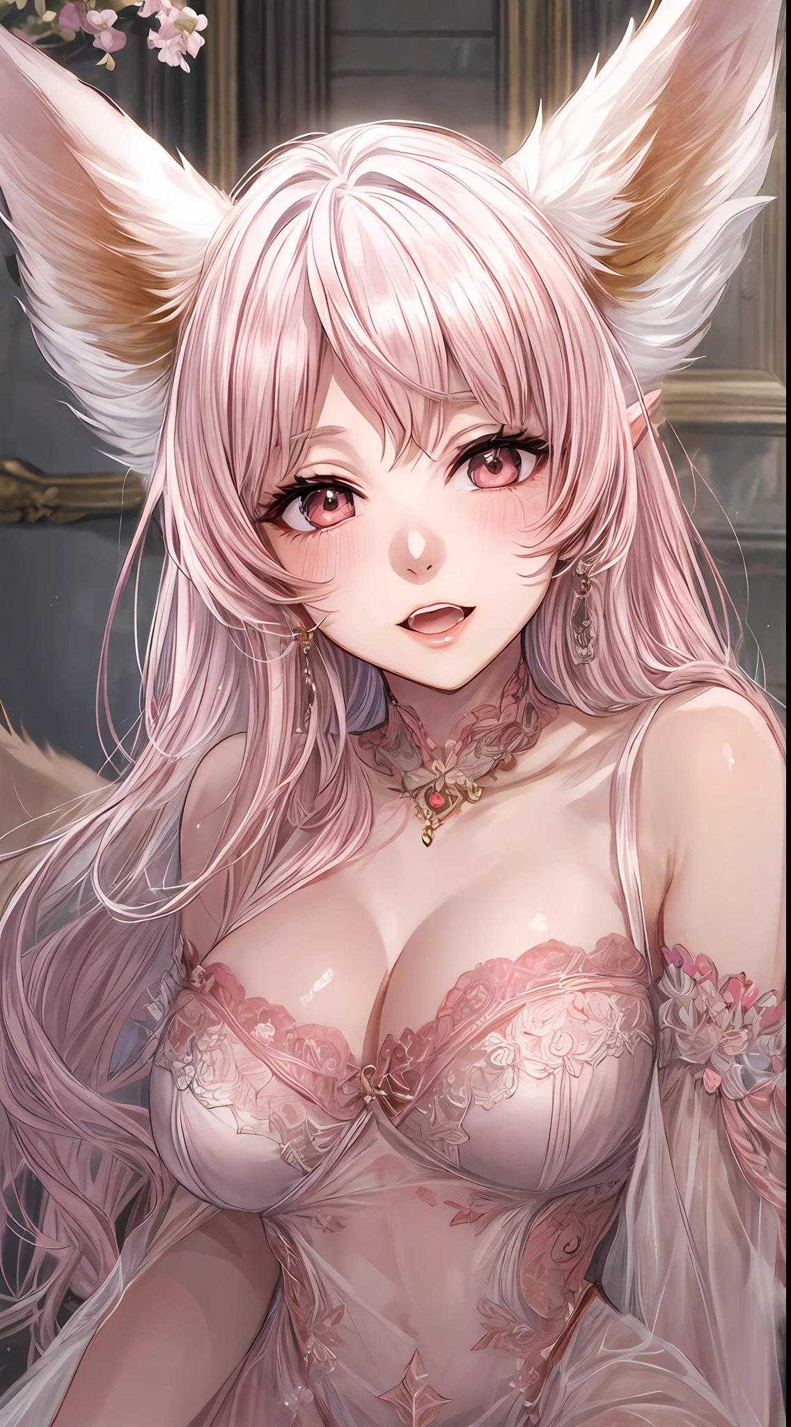 anime (🦊 fox ears, enchanting pink hair, alluring focus on crotch, ample bosom, stunning lace gown) celestine lucullus, elf