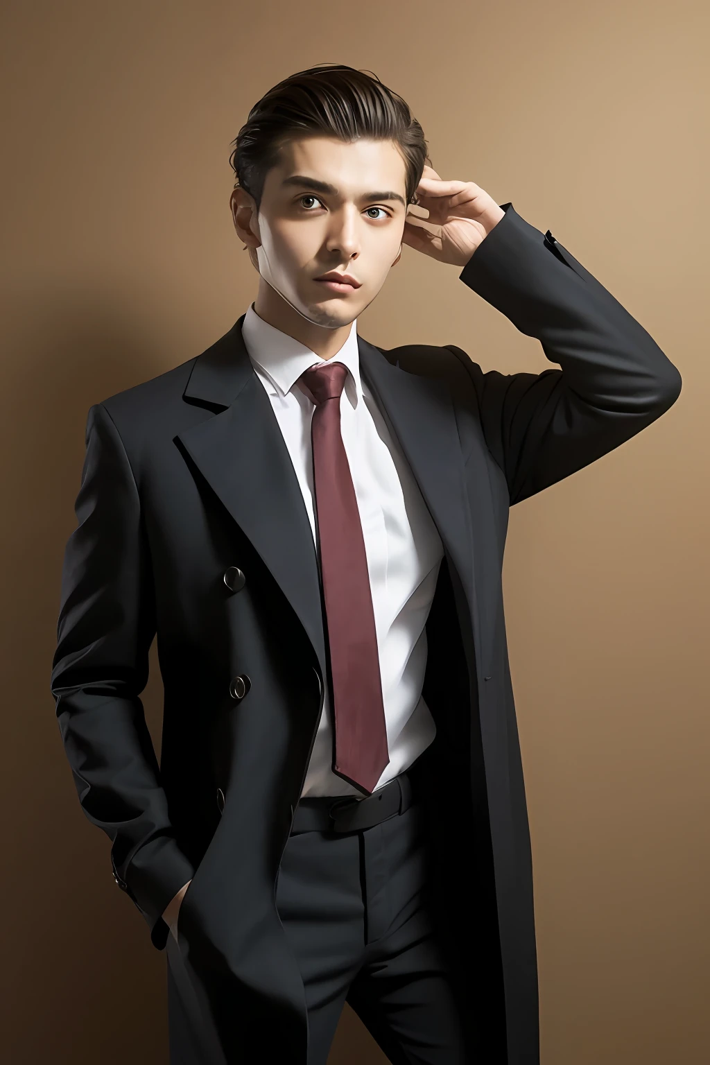 ，blazer jacket，Black coat trench coat， 18k, {{Masterpiece}}, Best quality, High quality:1.4), simplebackground，brown background，，{{[[front look}}, Photo pose)]], very pretty look face, And very nice red eyes, 1人, Solo, Portrait of Habibnul Magomedov in a suit and tie, Beard, Serious, Details, Realistic, Photography, The background is blurred out, soft focus