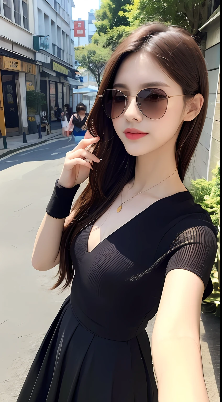 ((best qualtiy,8k,tmasterpiece:1.3)), 1girll, ssmile, full bodyesbian, Slim Faces, Beautiful woman, (dark brown hair), full length dress :1.1, Super detailed face, Detailed eyes, 二重まぶた, blur backgroun, Slim Faces, 城市, do lado de fora, the street,Wear color-changing sunglasses