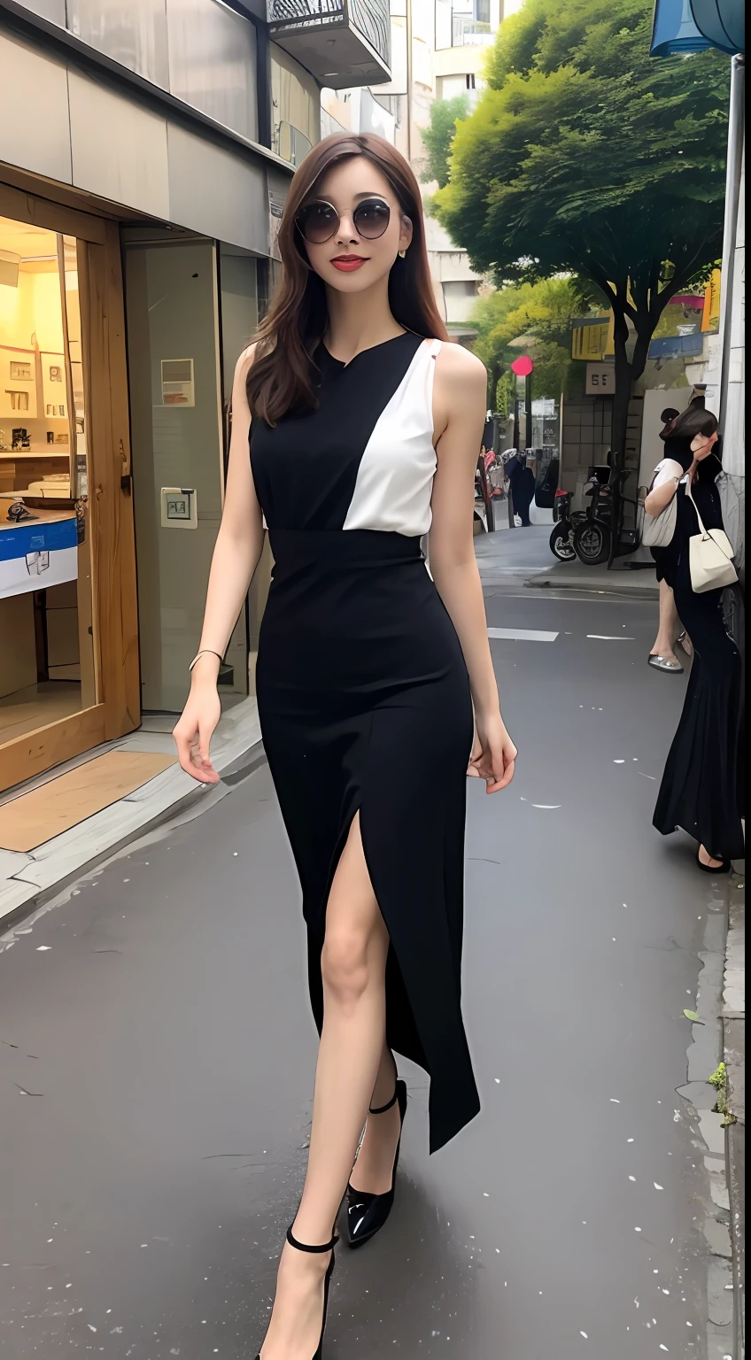 （（best qualtiy，8k，tmasterpiece：1.3））， 1girll， ssmile， full bodyesbian， Slim Faces， Beautiful woman， （dark brown  hair）， full length dress ：1.1， Super detailed face， Detailed eyes， 二重まぶた， blur backgroun， Slim Faces， 城市， do lado de fora， the street，Wear color-changing sunglasses