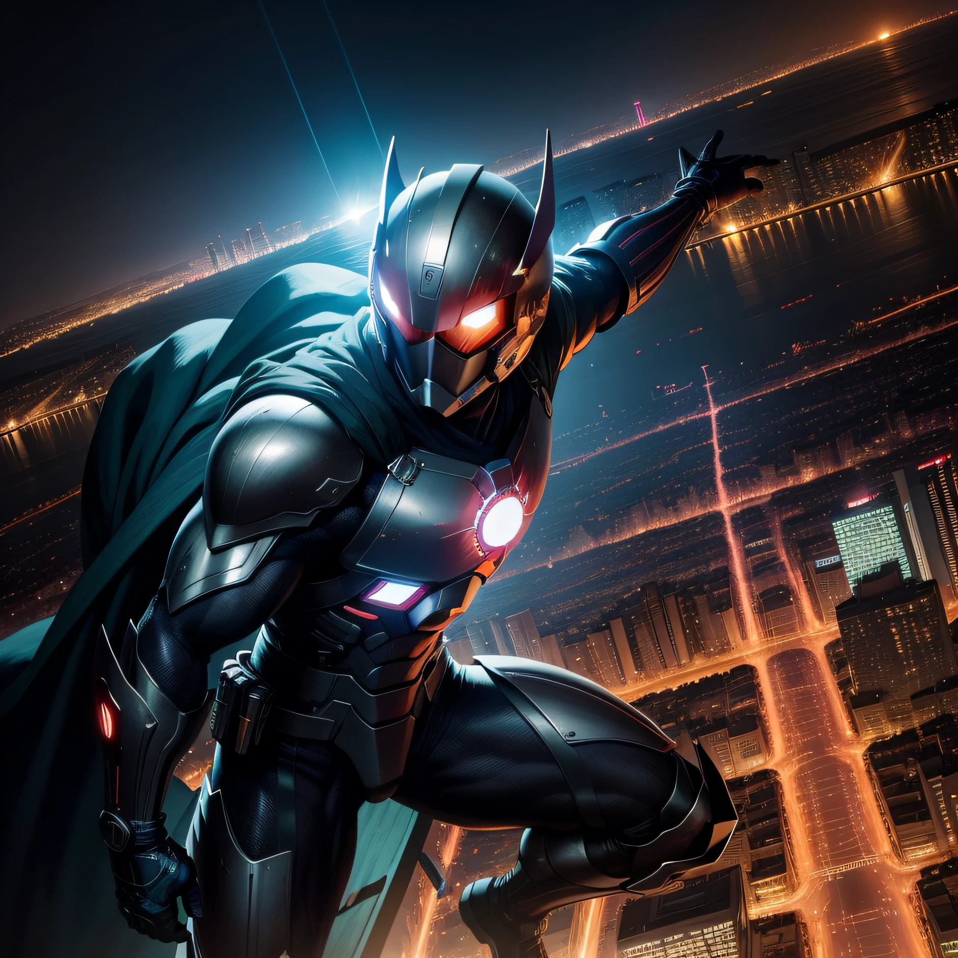Japanese cartoons,super heroes,city night scene,Cool action,combat scene,Full coverage helmet,Skyline and bridges,looking over city,Showa manga,Mystery, High-quality images,dark horror,Japanese Tokutsu style,Tiny armor details