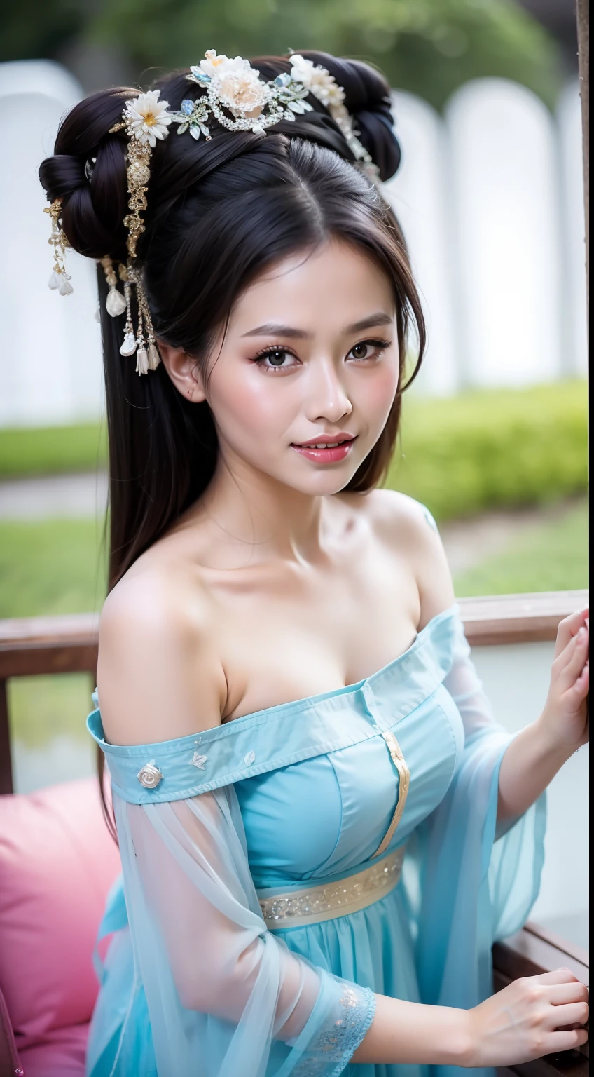 Fashion model  [[[[closeup cleavage]]]], [[[[boobgasm]]]], [[[[coll]]]], [[[[bshoulders]]]], perfect  eyes, Perfect iris，perfect lips，perfect teeth，Perfect skin，Long face，Soft front light，HDR，filmgirl，The background is bamboo，（pastel colour：1.2）