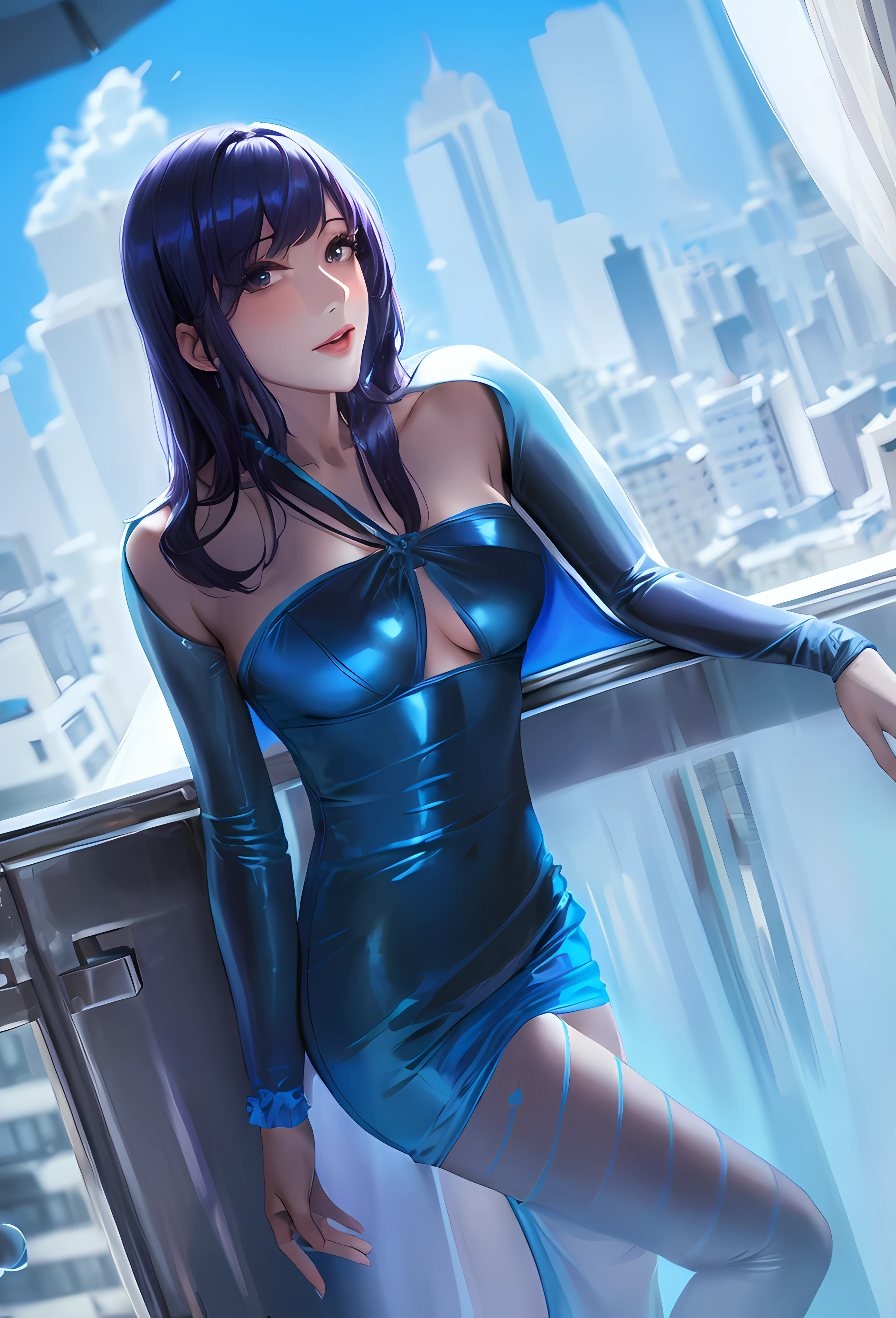 Woman in blue dress posing on balcony, wearing a plastic blue dress, wearing blue dress, wear blue dresses, elegant glamourous cosplay, Sexy dress, Wearing a blue dress, bright blue shiny lingerie, Blue dress, tight attire, Purple dress, succubus in tight kilt, Purple body, Ayaka cosplay, smooth blue skin