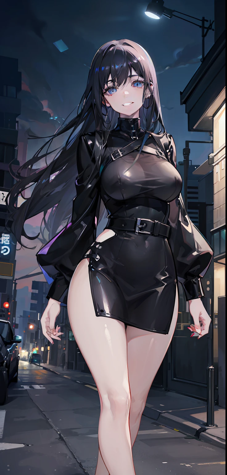 woman, pale skin, dark eyes, ear, eyebrow, smiling, lips, teeth showing, baby blue straight big hair, black shiny tight short dress, slim waist, thick legs, thick thighs, background scenery, ultra detailed street, night light , night, night day