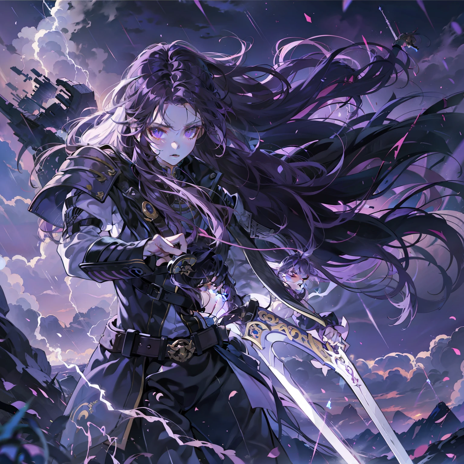 woman, long hair, purple hair, electro god, purple effects, strong, sword, killing enemy, white skin, flying, flat world, purple sky, lightning, rain