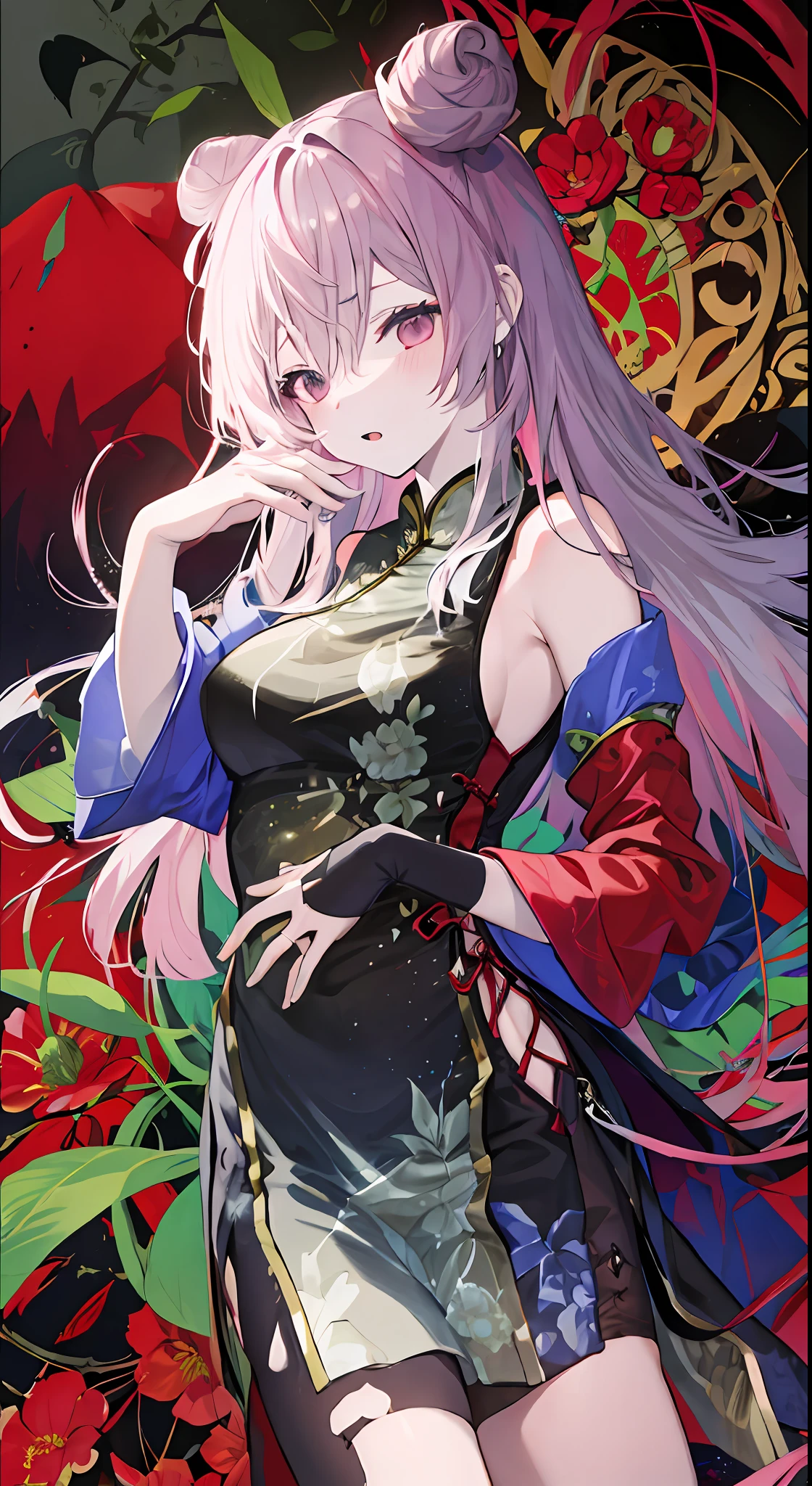 top-quality, Ink painting style, Fresh and elegant, Clear lake, orthofacial,Cute and shy,The cherry blossoms set as the sun sets,White color hair, Black cheongsam gold pattern girl, Ride the flower wind to blow your head, A forest dotted with green leaves, Birds sing happily, A poetic scene
