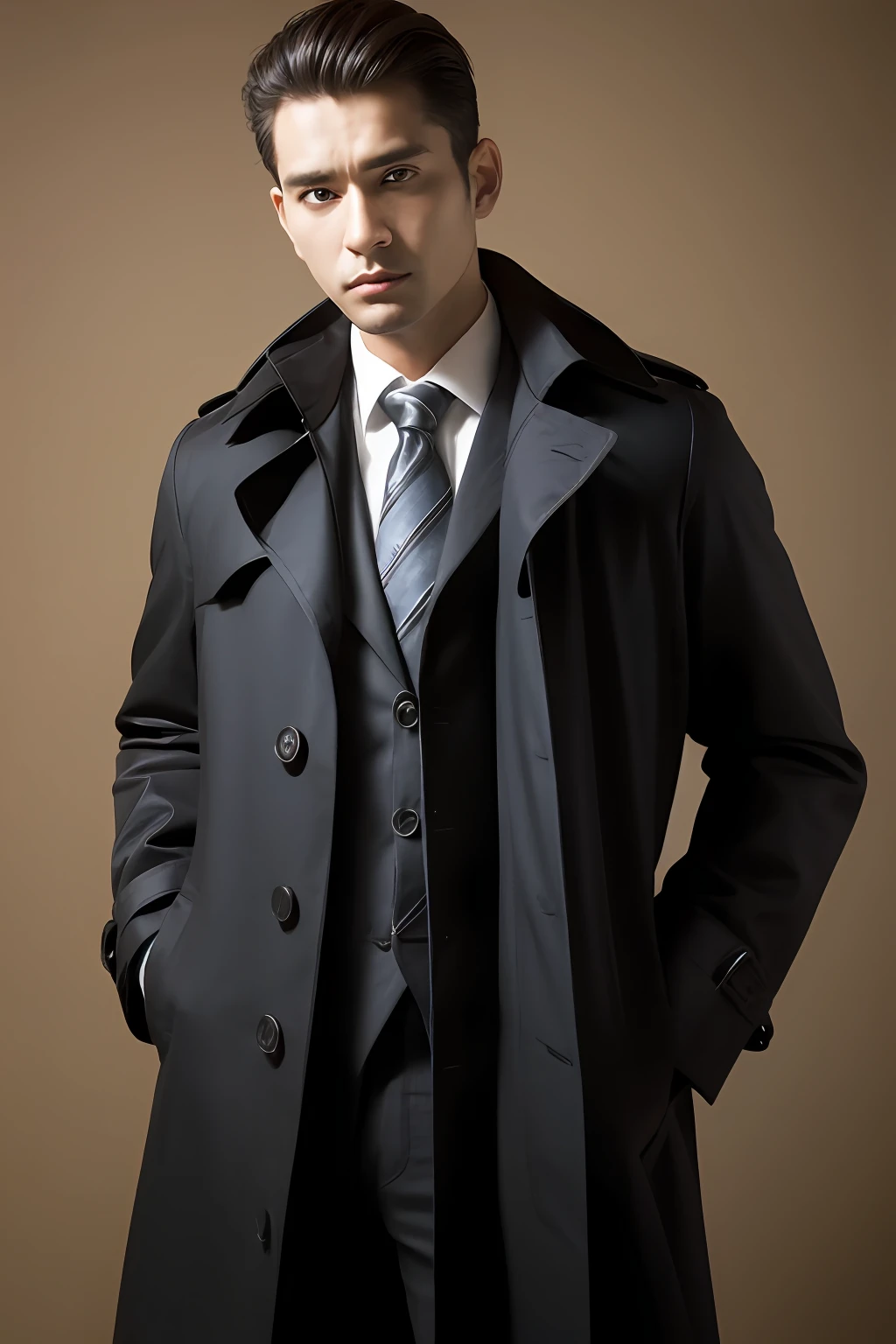 ，blazer jacket，Black coat trench coat， 18k, {{Masterpiece}}, Best quality, High quality:1.4), simplebackground，brown background，，{{[[front look}}, Photo pose)]], very pretty look face, And very nice red eyes, 1人, Solo, Portrait of Habibnul Magomedov in a suit and tie, Beard, Serious, Details, Realistic, Photography, The background is blurred out, soft focus