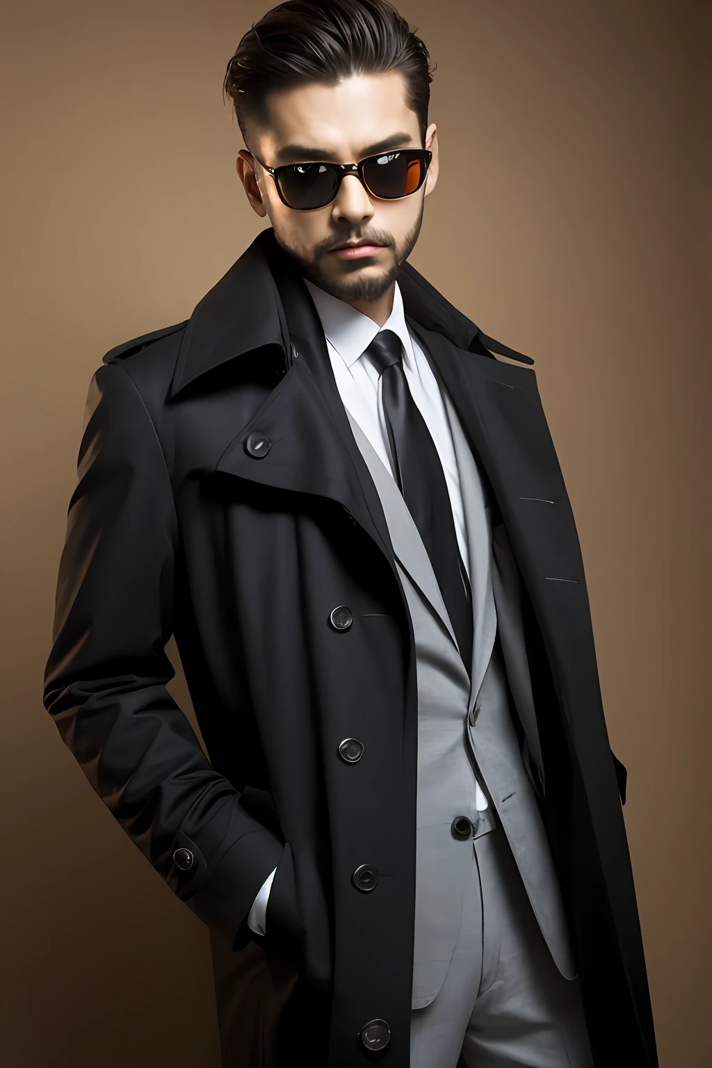 ，blazer jacket，Black coat trench coat， 18k, {{Masterpiece}}, Best quality, High quality:1.4), simplebackground，brown background，，{{[[front look}}, Photo pose)]], very pretty look face, And very nice red eyes, 1人, Solo, Portrait of Habibnul Magomedov in a suit and tie, Beard, Serious, Details, Realistic, Photography, The background is blurred out, soft focus