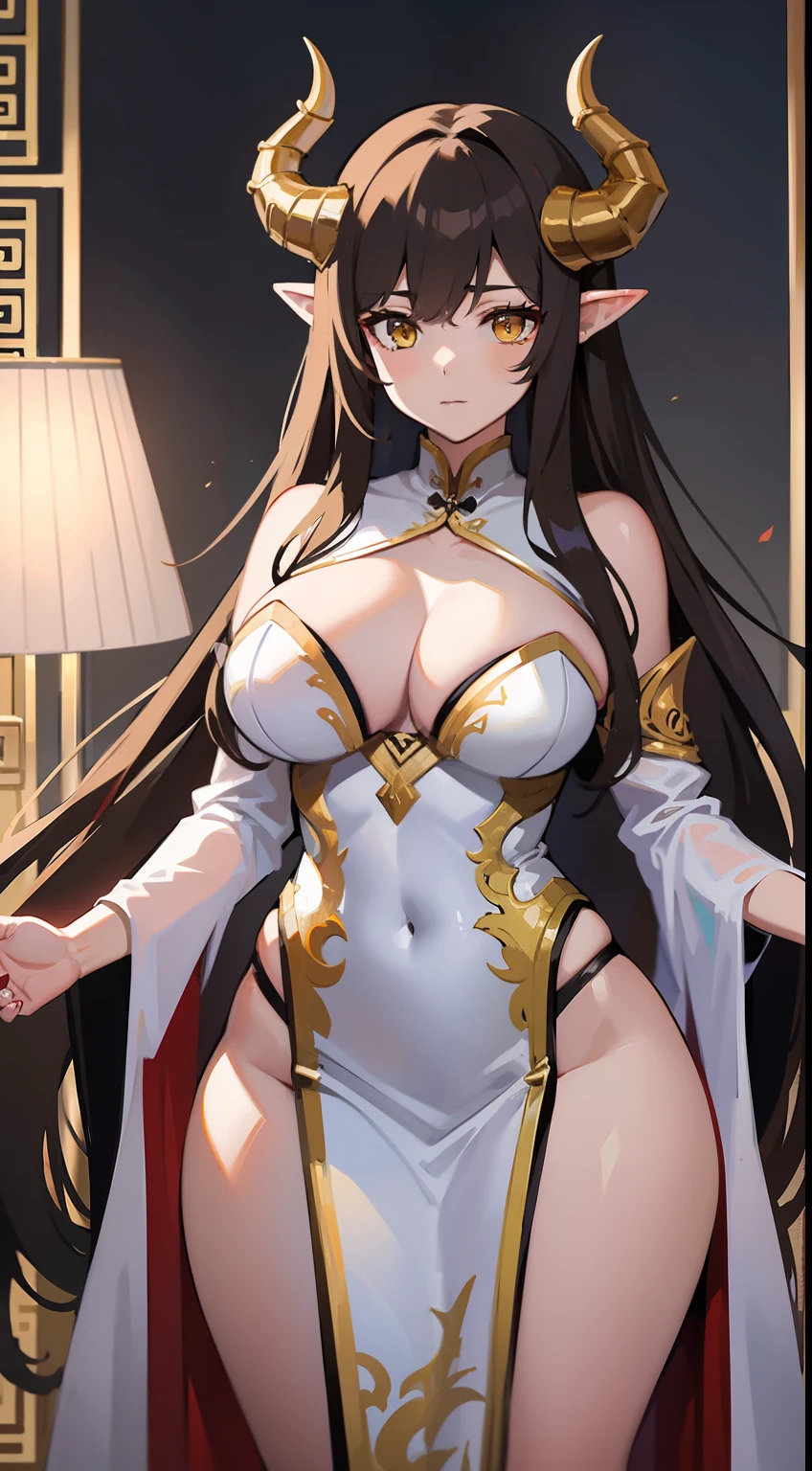 Tall girl, Long brown hair, dragon horns, yellow eyes, white chinese dress, Gold inserts, open , neckline on the , Masterpiece, hiquality