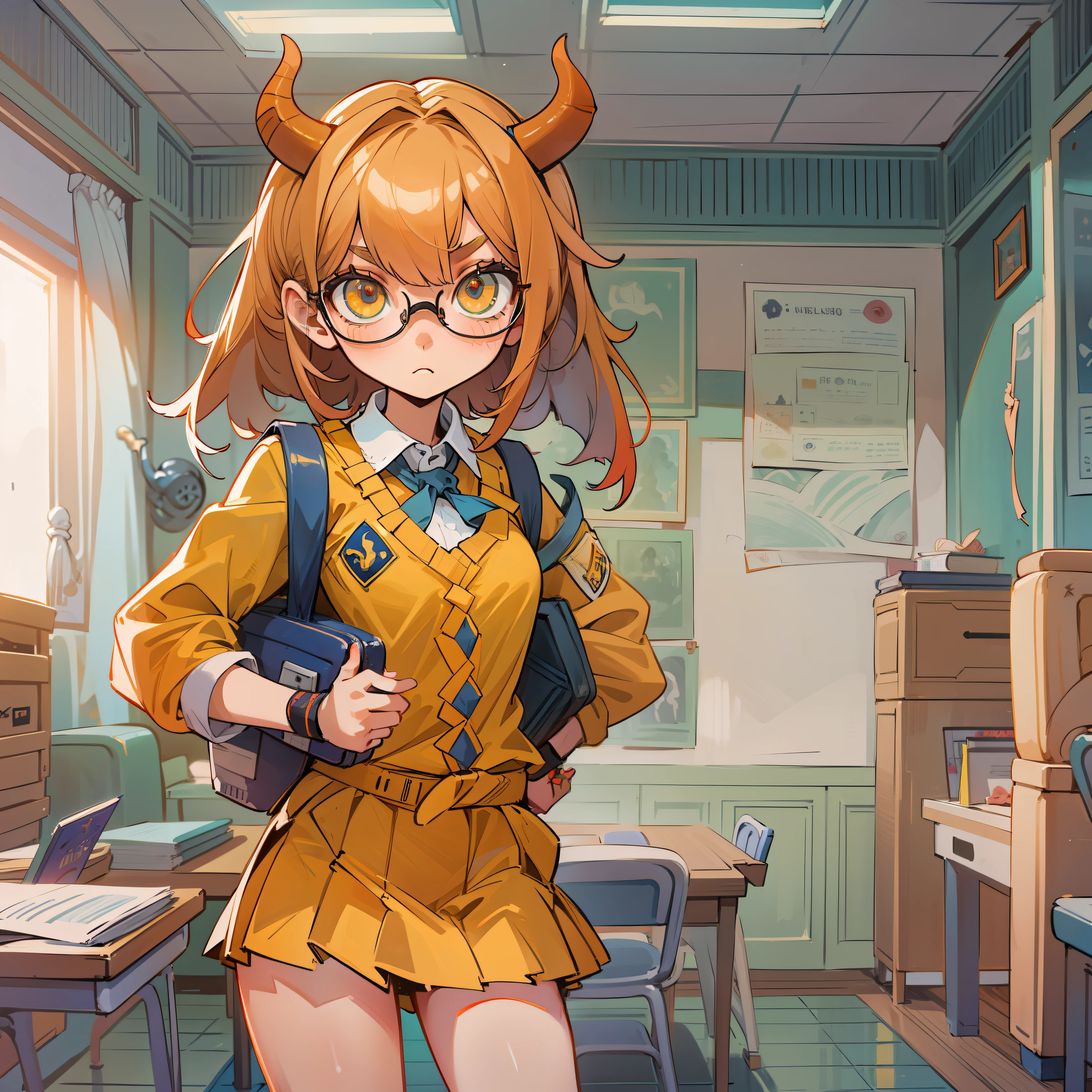 demon girl, adolescente, cabelo laranja, usando oculos, branca, cabelo curto, full body, uniforme escolar, menina de baixa estatura, em uma sala de aula