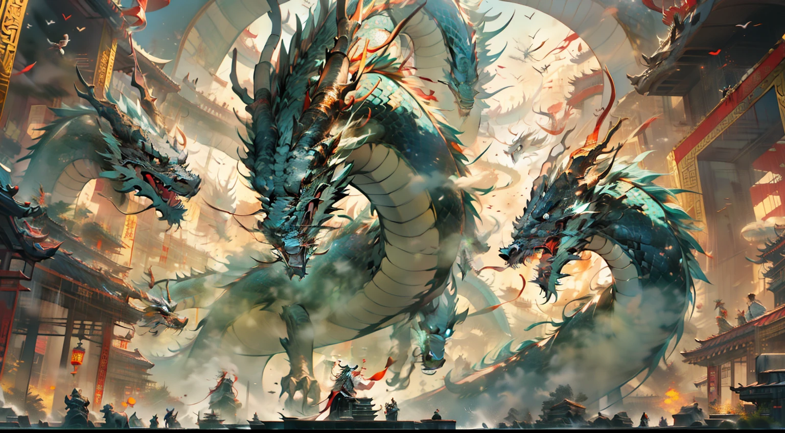 (No Man，Nine Chinese black dragons flew through the air，Behind the ornate hanging palace) (Add a little background: ，Cotai Strip，In the void),chinesedragon