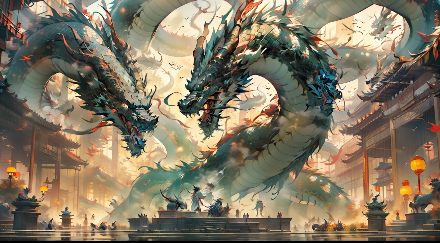 (No Man,Nine Chinese black dragons flew through the air,Behind the ornate hanging palace) (Add a little background: ,Cotai Strip,In the void),chinesedragon