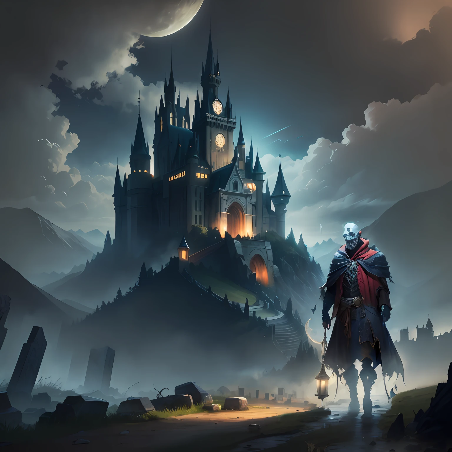 An undead creature with a cloak，sportrait，highly details