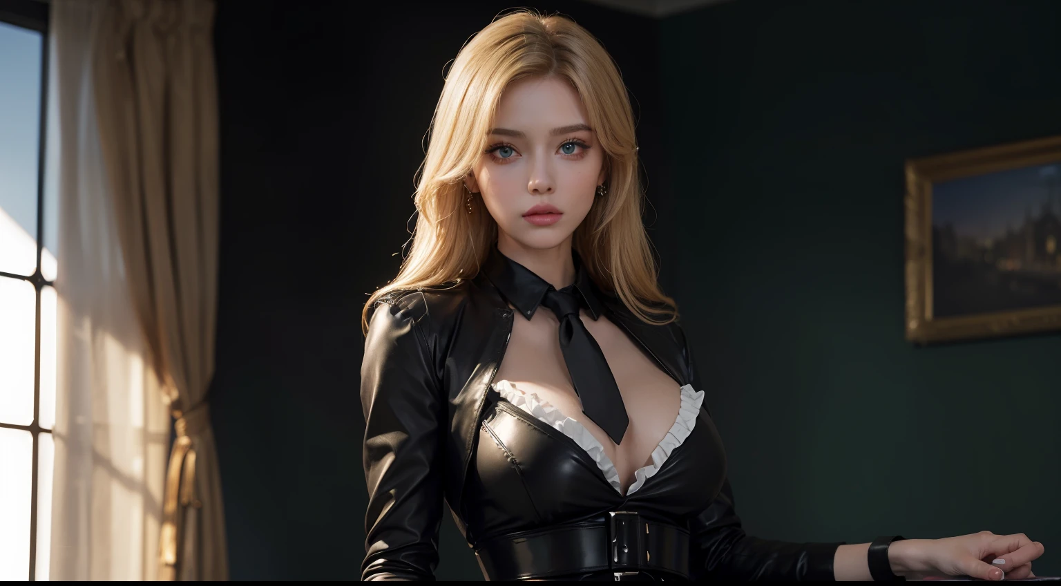 (masterpiece, highres, best quality:1.2), 8K, highly detailed, intricate, colorful, vibrant image, sharp focus, cinematic) blonde hair, long hair, green eyes, body builder (Wearing black business outfit, black_collared shirt cropped jacket ,tie,necktie,black frilled skirt, garter straps, leather waist belt) (big perfect round breasts,hourglass body, thin waist,very thin waist, Photo realistic,(hyperrealistic:1)beautiful, masterpiece, best quality, extremely detailed face,perfect face,beautiful face, perfect lighting,detailed eye makeup, detail face, nice detailed eyes,nice hands, perfect hands,glowing eyes (realistic pupils,realistic iris:1) heavy eye makeup,(empty Casino)(Posing dynamically)