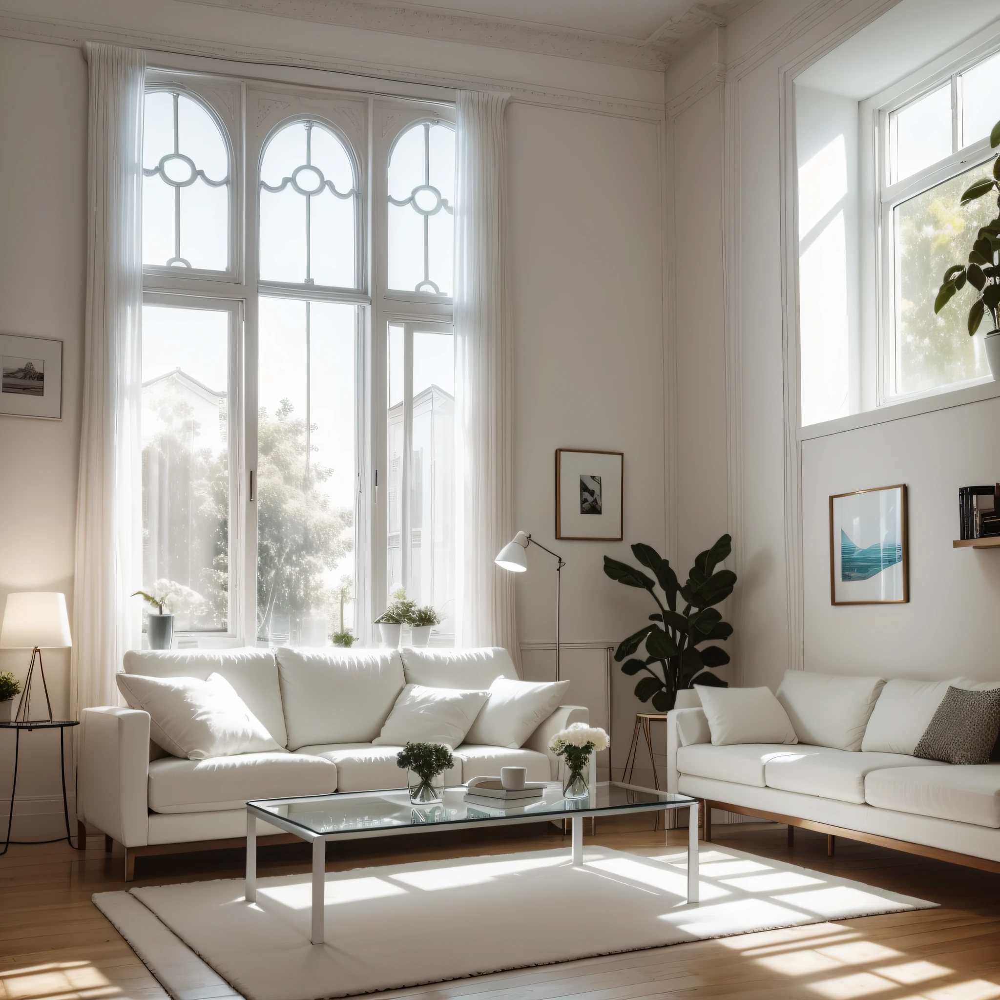 Modern living room with white furniture, cushion, Frame without image, Soft late afternoon light streaming in through the window, god rays, nffsw, retinas, Super Detail, High quality, hight resolution, 16 K