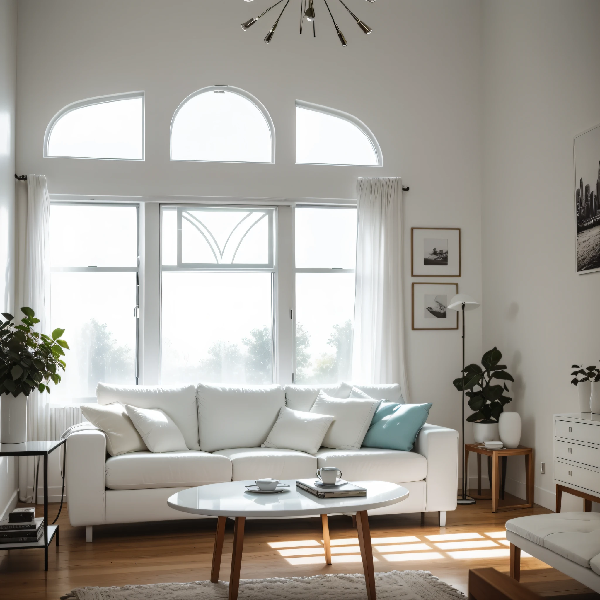 Modern living room with white furniture, cushion, Frame without image, Soft late afternoon light streaming in through the window, god rays, nffsw, retinas, Super Detail, High quality, hight resolution, 16 K