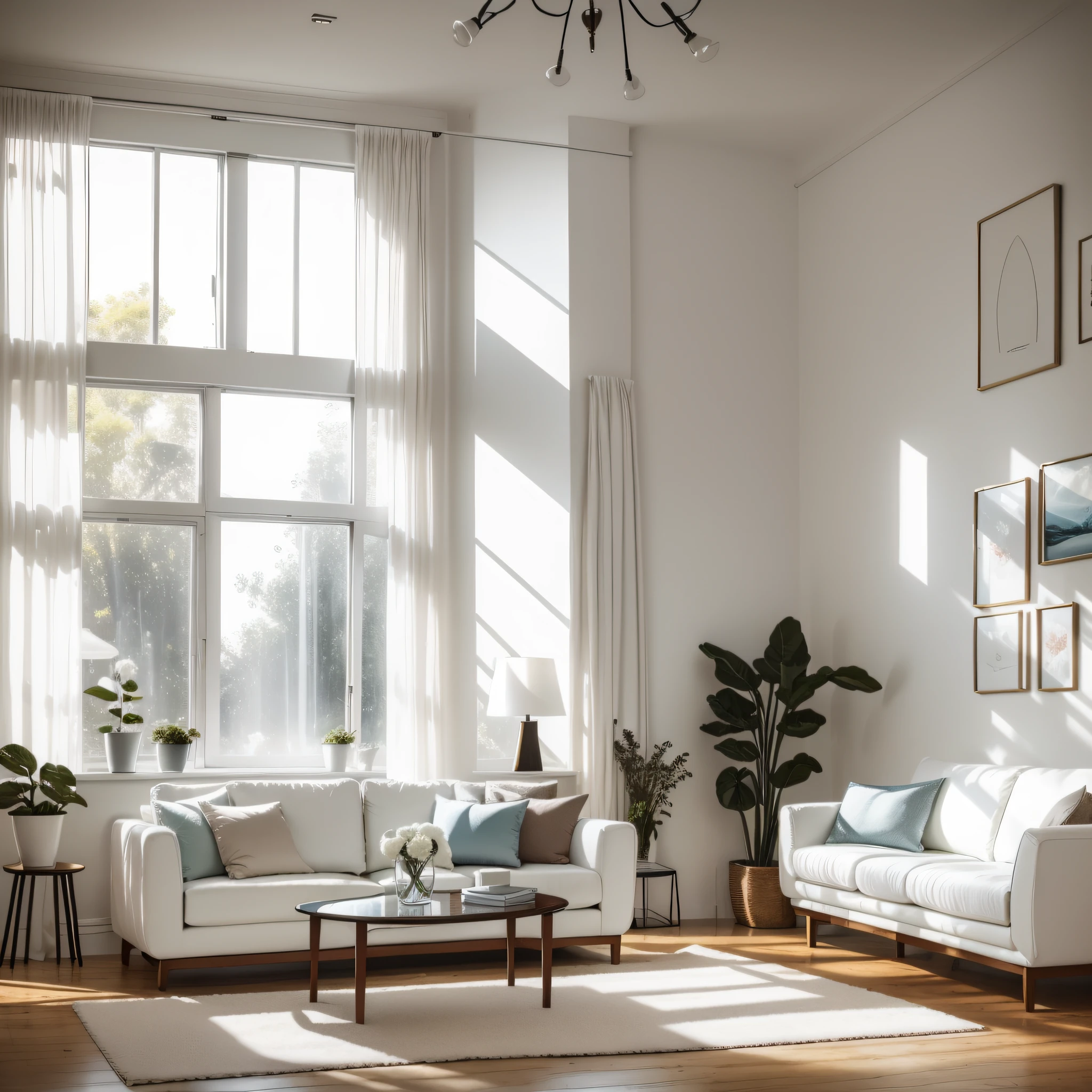 Modern living room with white furniture, cushion, Frame without image, Soft late afternoon light streaming in through the window, god rays, nffsw, retinas, Super Detail, High quality, hight resolution, 16 K