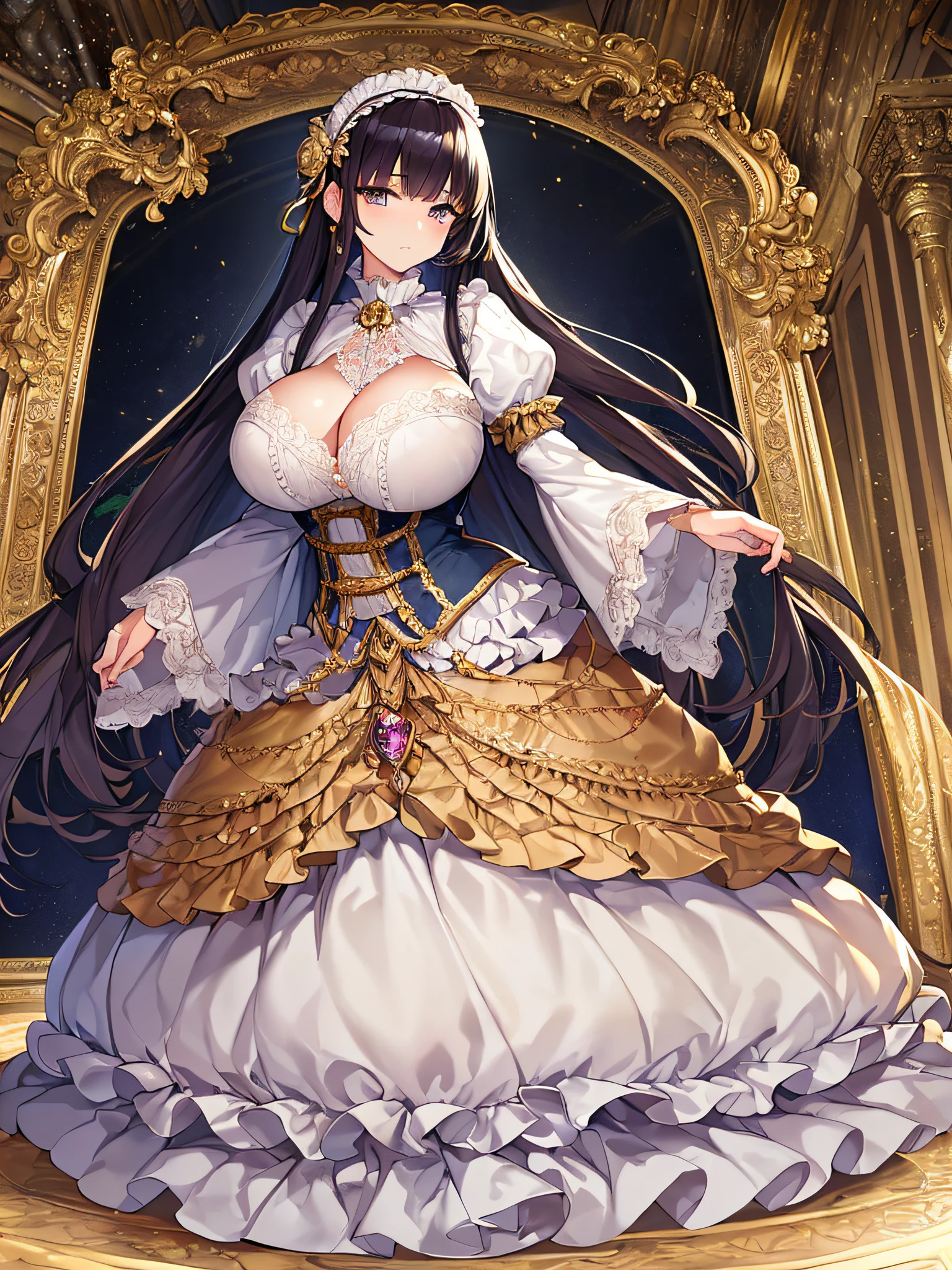 ((anime artstyle)),(Masterpiece),(Best Quality), (Super Detail),((Very Delicate and Beautiful)),((Solo)),((full body)),((1 princess in victorian dress with voluminous skirt)),detailed face and eyes,jewel-like eyes,((voluminous Very Long Straight Hair)),((gorgeousfull embroidery and lace)),hair ornament,jeweled tiara,ornate ruffles,((gigantic breasts,Long breasts)),skindentation,((full body)),((hoop skirt,crinoline)),Dynamic Angle,Looking at viewer,royal palace,((victorian dress with voluminous skirt)),full body