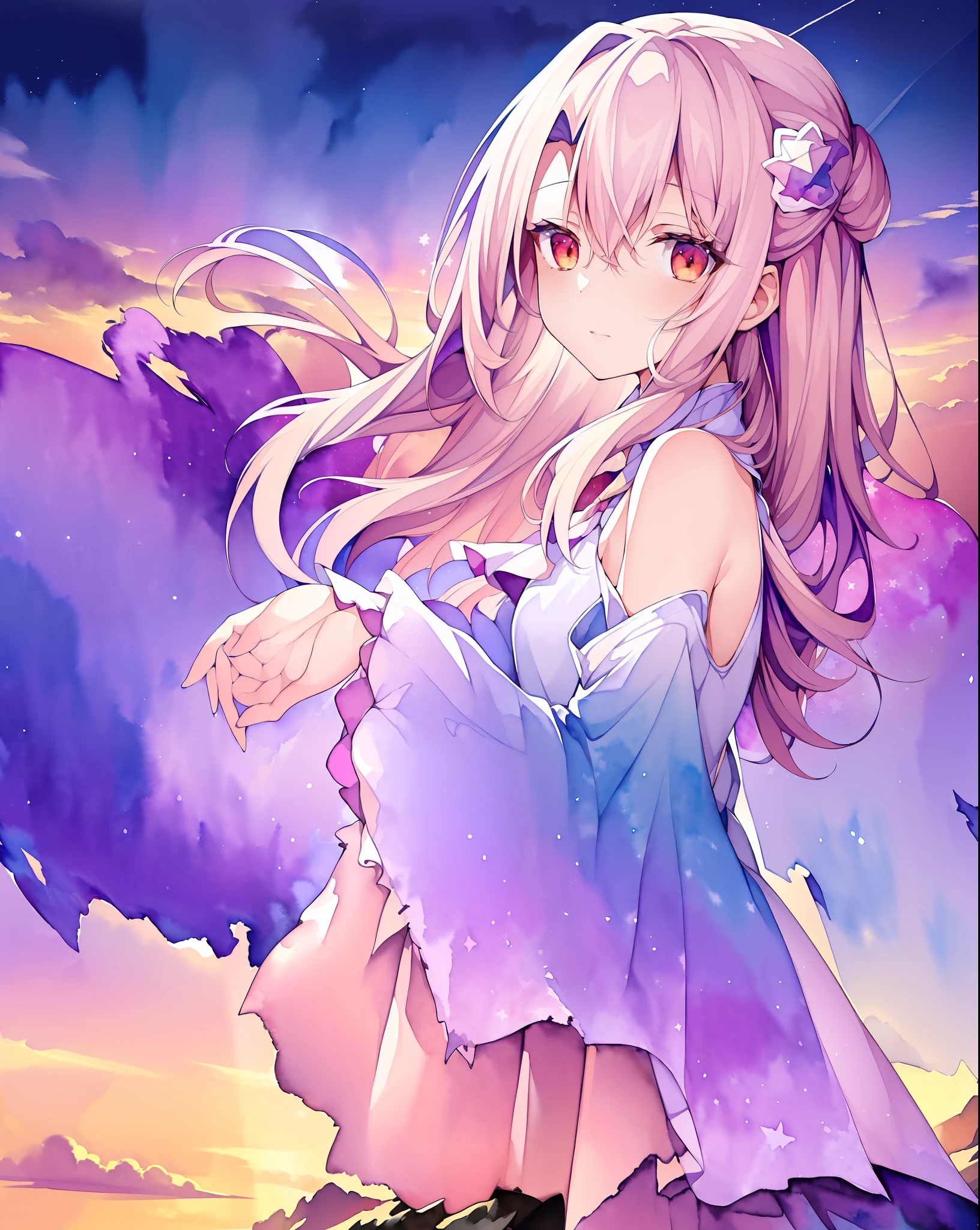 (masterpiece, top quality, best quality,watercolor (medium),official art, beautiful and aesthetic:1.2),(1girl:1.3), (fractal art:1.3),upper body, from side, looking at viewer,patterns,cloud,colorful, starry,stars, ZweiFrom, Illya Final Form