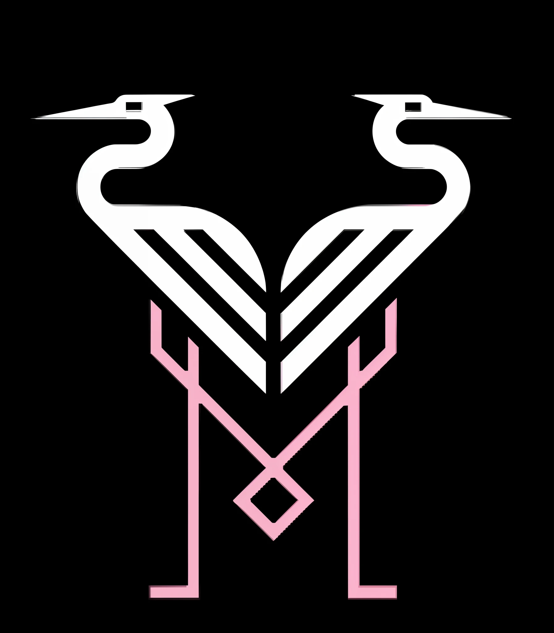 A closeup of two birds on a black background with a pink and white logo, symmetrical logo, Japanese crane bird in the center, logotipo sem texto, very symmetrical, Guindastes, foto de perfil, Artgrama, hegre, symmetric, muito estilizado, imagem do avatar, single logo, taken in the early 2020s, heron prestorn